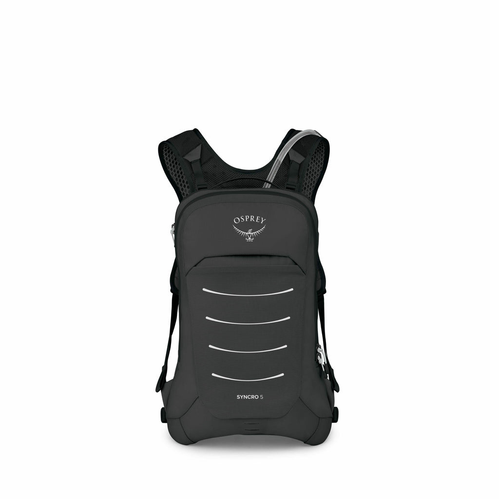 The image showcases a black Osprey Syncro 5 backpack, viewed from the front. The backpack features a sleek design with the Osprey logo prominently displayed at the top center. It has four reflective horizontal lines on the front for visibility and the nam
