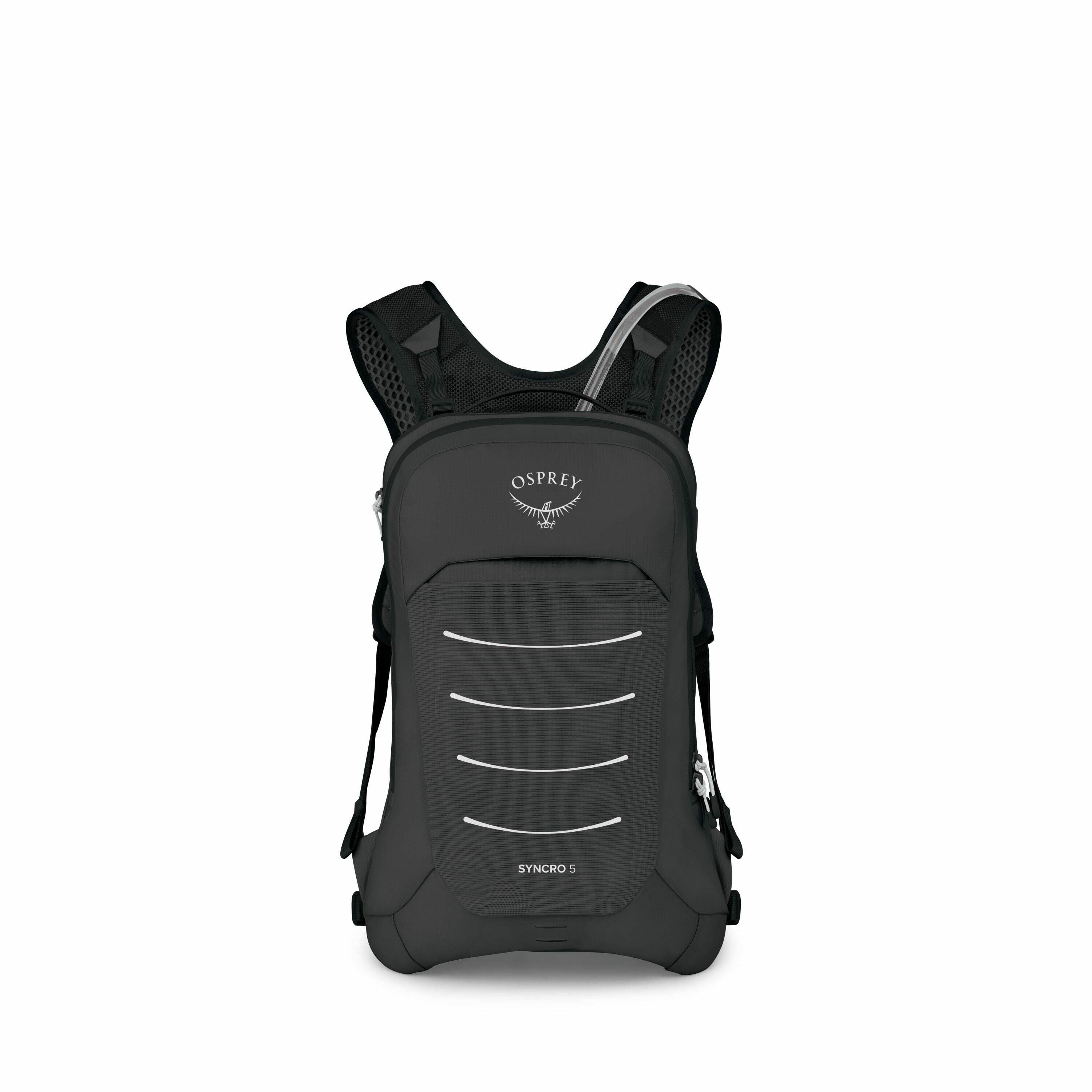 The image showcases a black Osprey Syncro 5 backpack, viewed from the front. The backpack features a sleek design with the Osprey logo prominently displayed at the top center. It has four reflective horizontal lines on the front for visibility and the nam