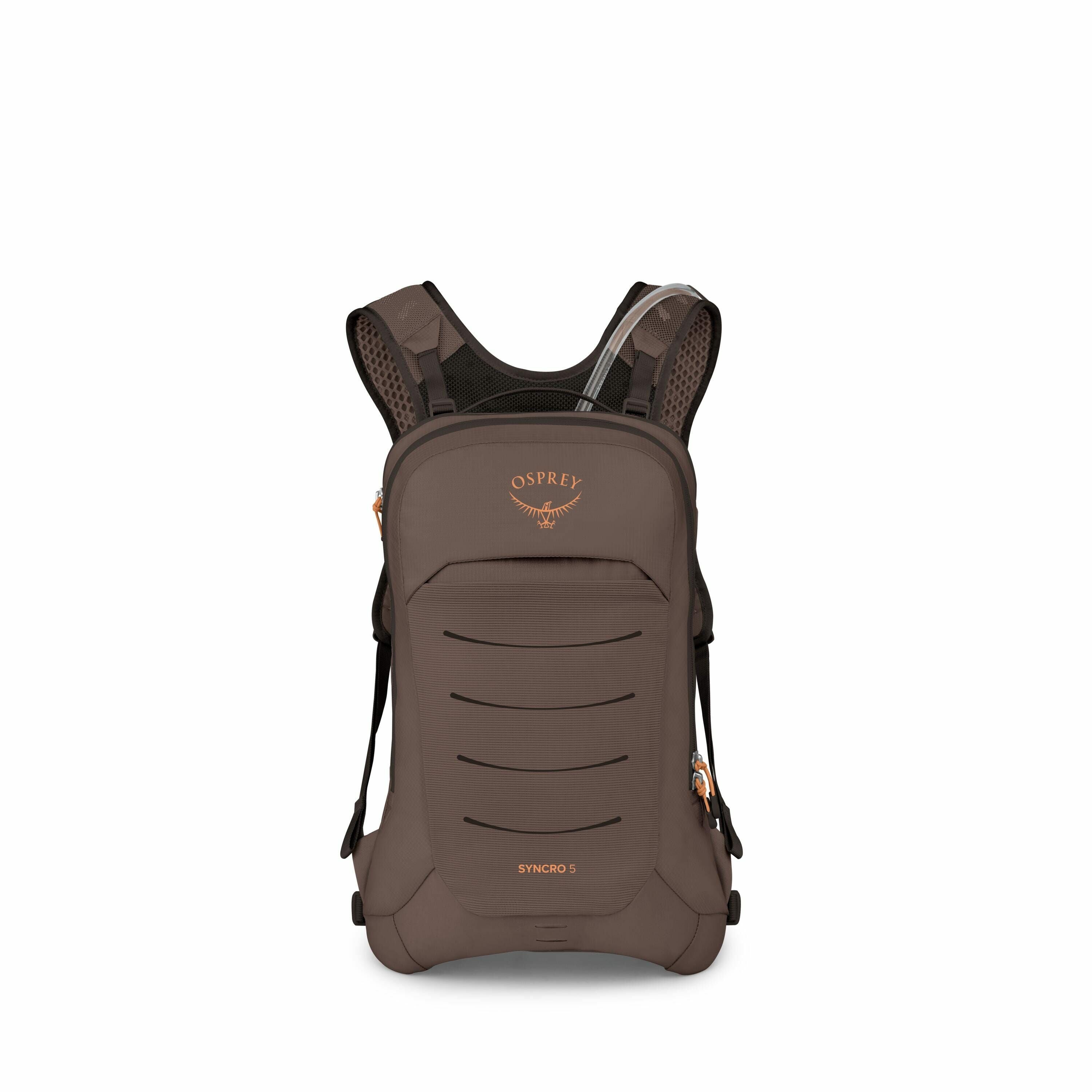The image displays a brown backpack from Osprey, labeled "Syncro 5." The backpack features the Osprey logo prominently at the top center, with the name and model subtly indicated on the front. The design includes multiple horizontal slits, enhancing its s