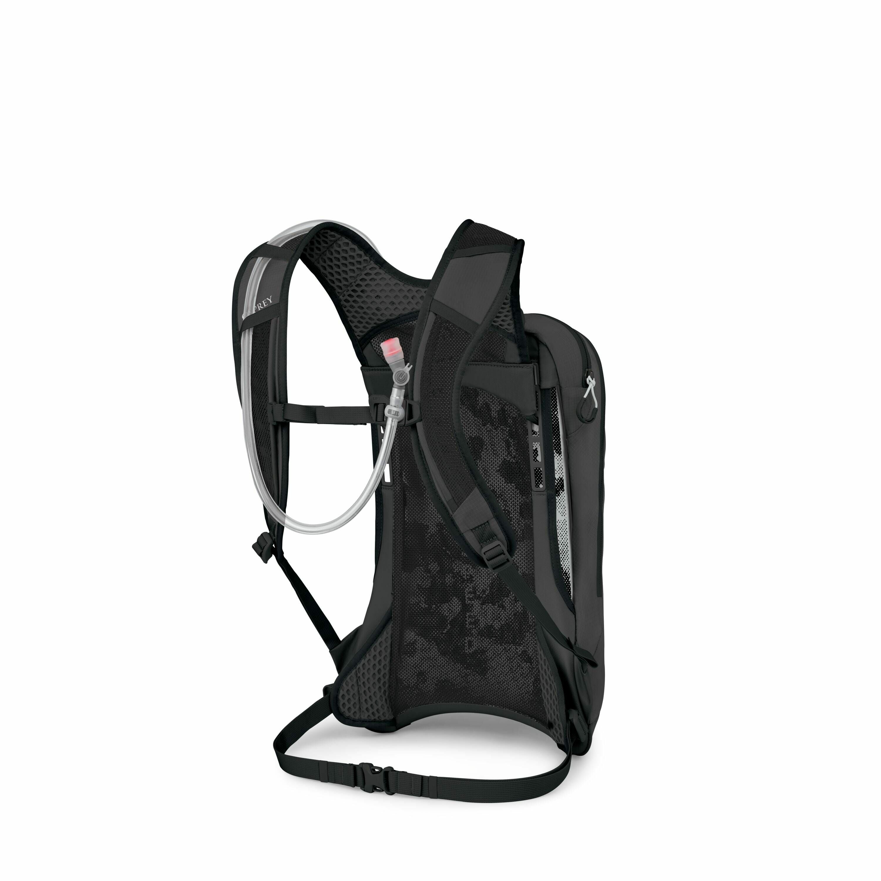 The image depicts a sleek, black hydration backpack designed for outdoor activities like hiking or running. It features a streamlined design with mesh panels for breathability and a fitted harness system for secure carrying. Prominently visible is a hydra
