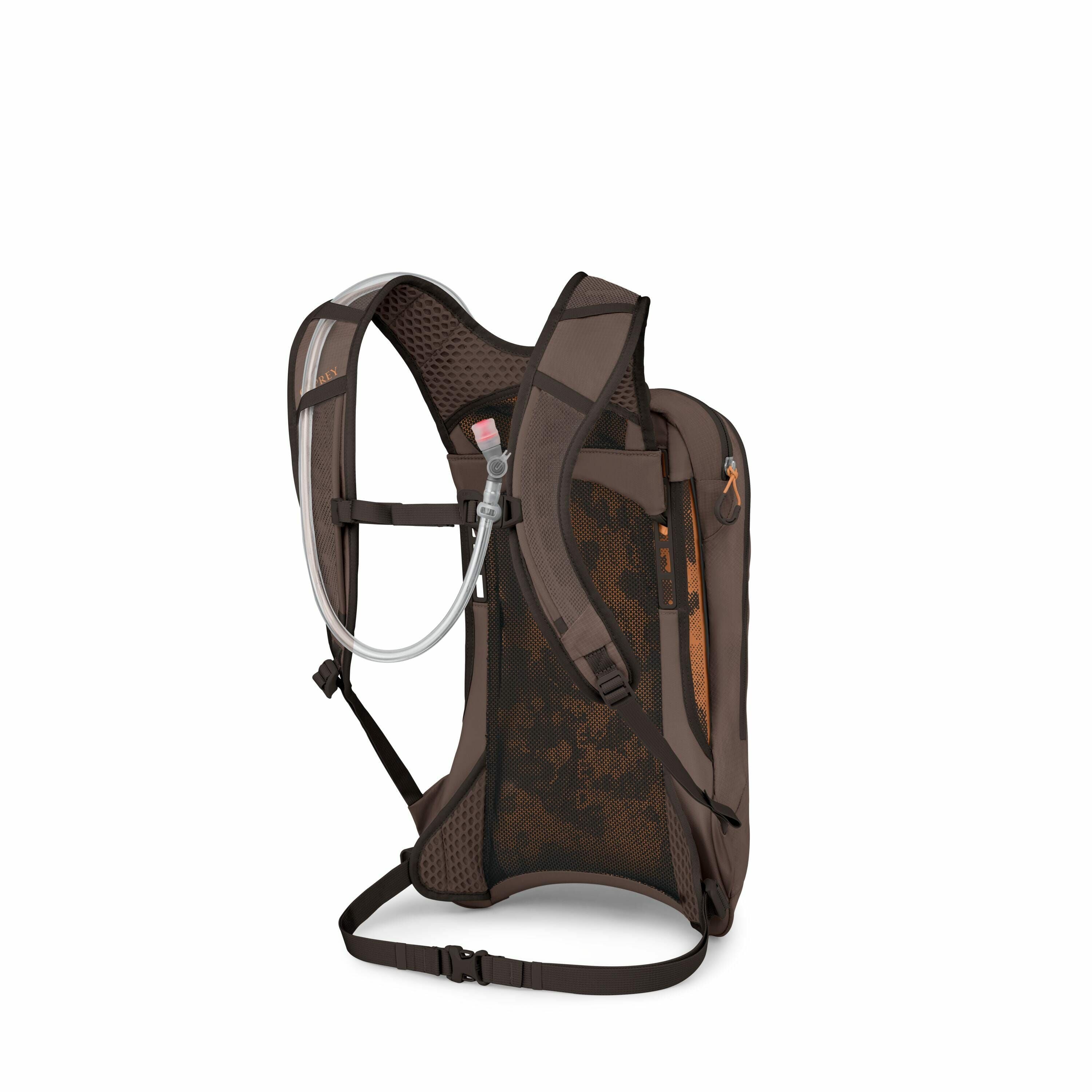 The image displays a brown hydration backpack designed for outdoor activities. It features a ventilated back panel and mesh shoulder straps for comfort during use. The backpack is equipped with a hydration bladder and has a drinking tube secured along the
