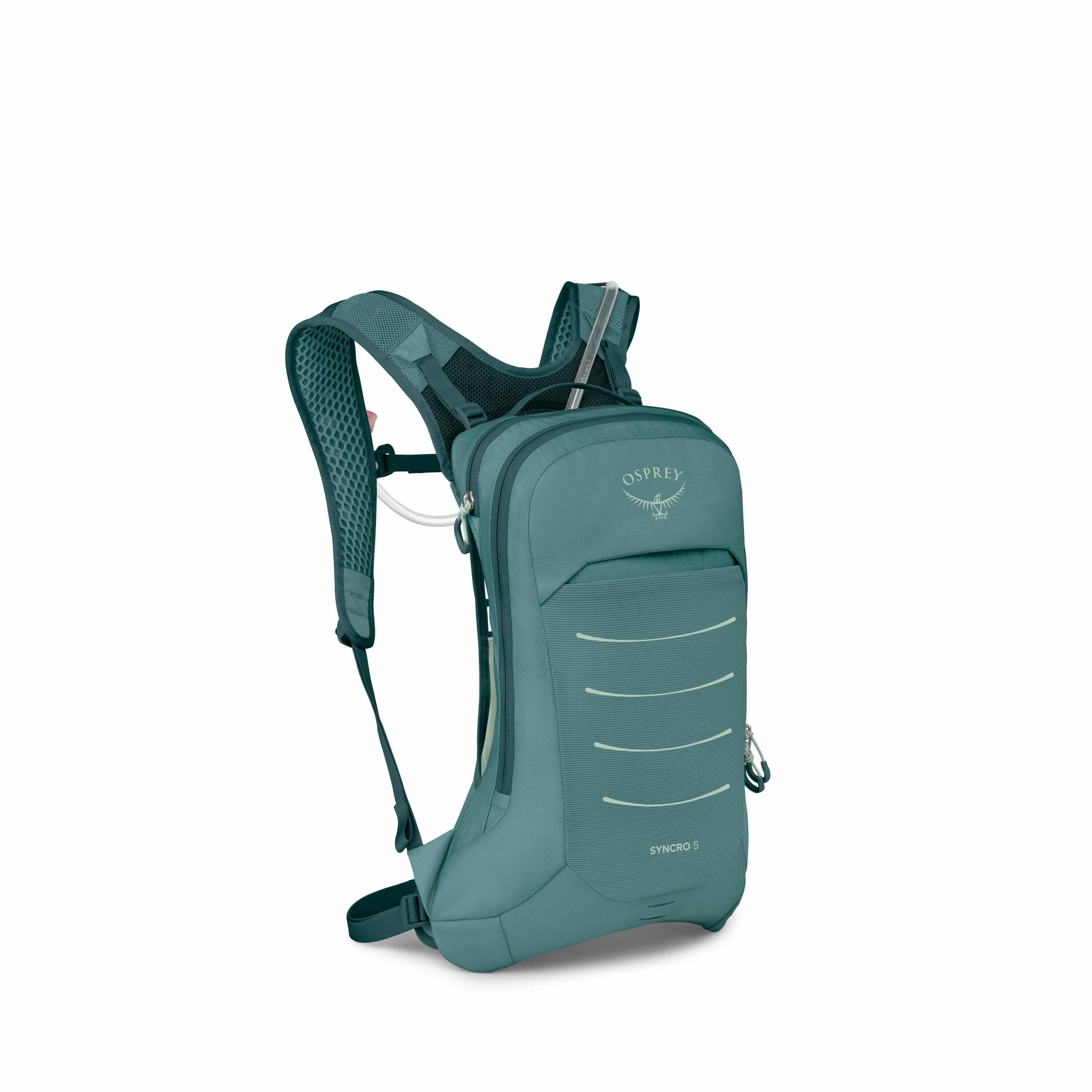 The image showcases an Osprey Synchro 5 backpack, primarily in a teal color. The backpack features a sleek design with contour lines on the front panel and the Osprey logo is prominently displayed near the top. It includes adjustable straps with a mesh de
