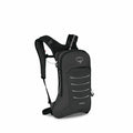 The image features a sleek, black Osprey backpack designed for outdoor activities. This compact backpack has a streamlined shape with a top-loading compartment, and the logo "Osprey" is prominently displayed on the upper front section, along with the mode