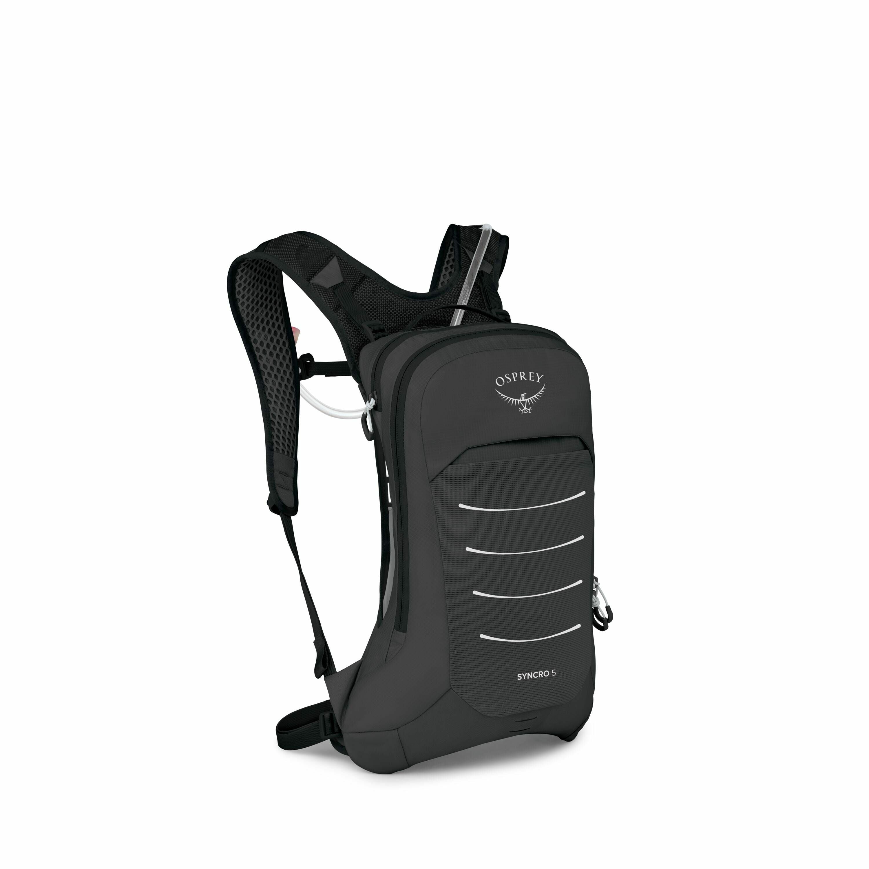 The image features a sleek, black Osprey backpack designed for outdoor activities. This compact backpack has a streamlined shape with a top-loading compartment, and the logo "Osprey" is prominently displayed on the upper front section, along with the mode