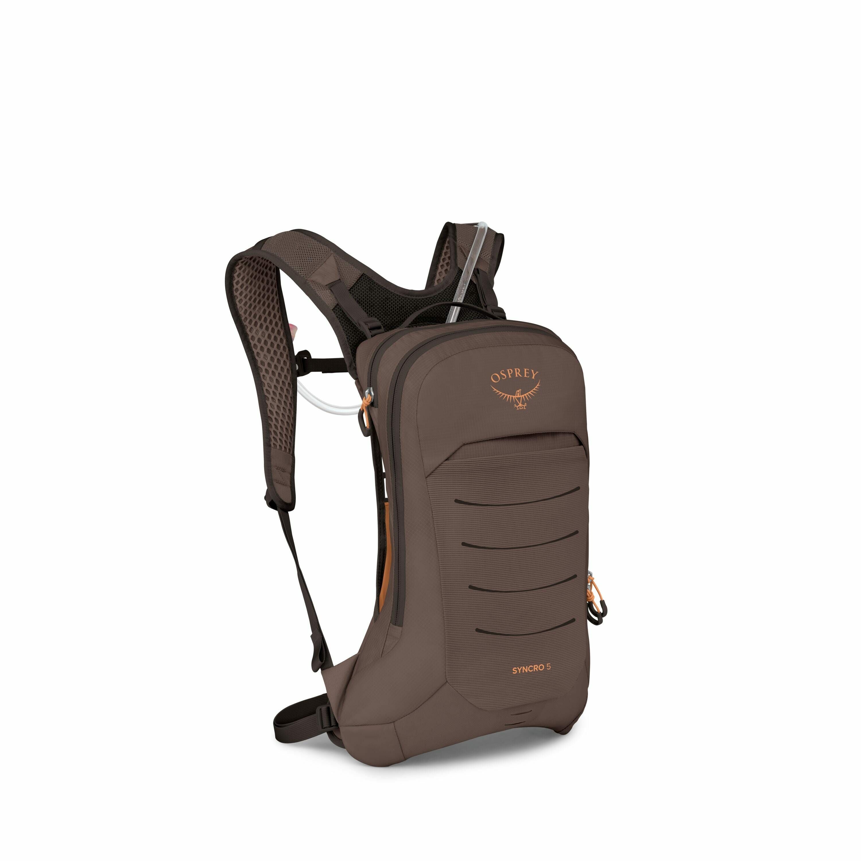 The image features a compact Osprey backpack, designed for active use, with a sleek, aerodynamic design. It is predominantly brown, with the Osprey logo prominently displayed in orange on the front of the backpack. The model name "Syncro 5" is printed in