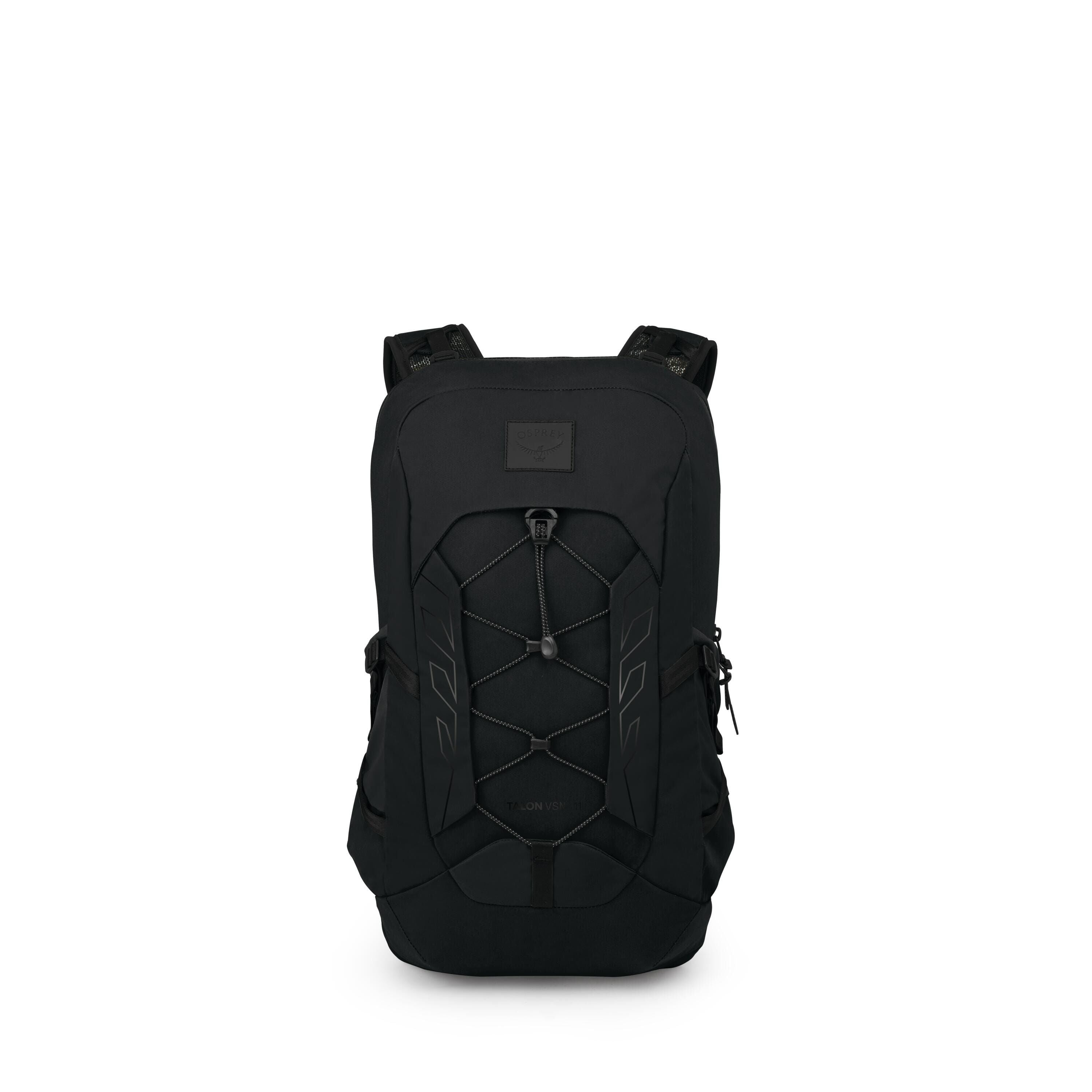 A sleek black backpack is centered against a white background. It features a front bungee cord system with a central cinch toggle and subtle tonal patterns on the panel. Zippered pockets sit on both sides, and padded shoulder straps are visible at the top