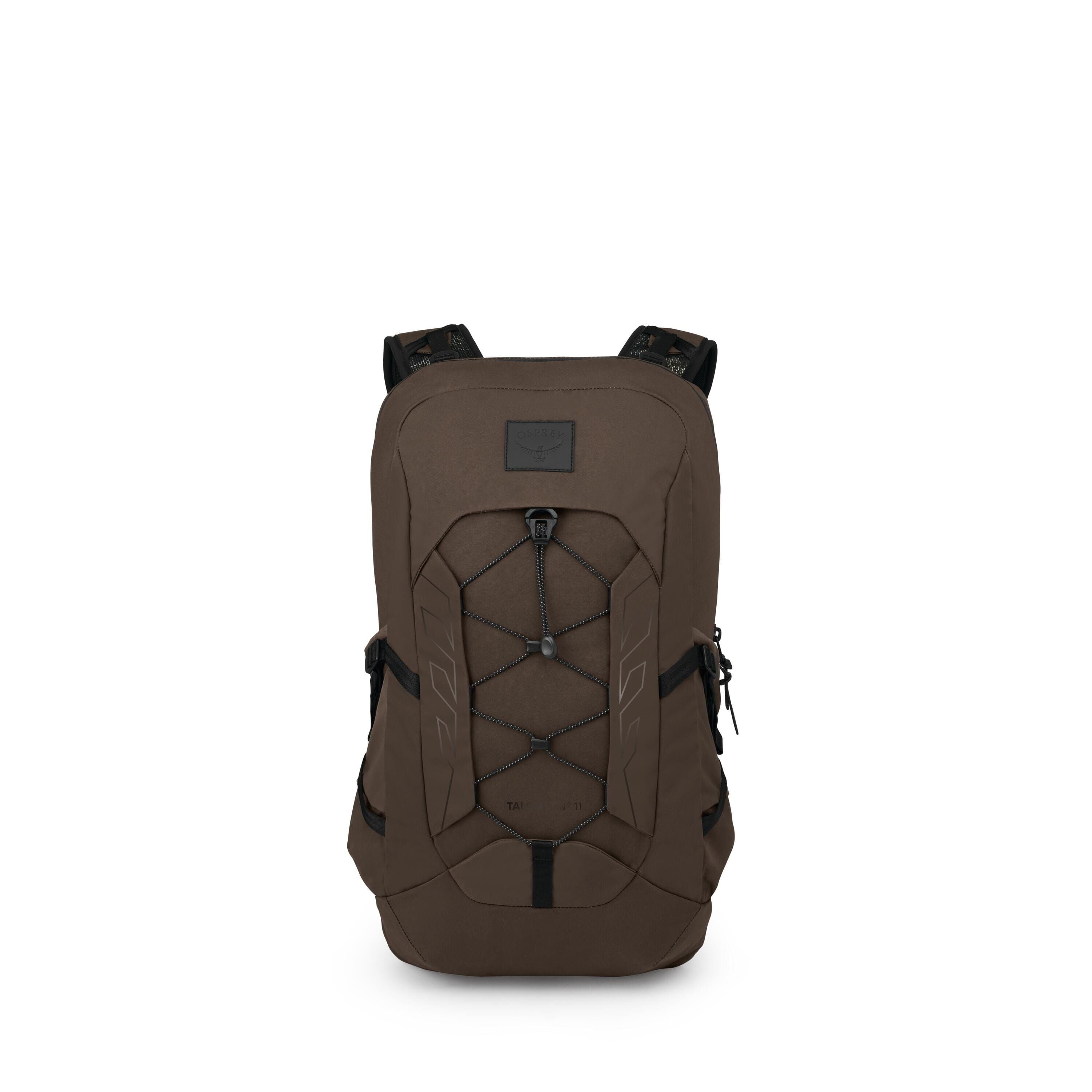 A brown outdoor backpack is shown standing upright against a plain white background. It features a front bungee cord system with a central cord lock, two side zip pockets, and padded shoulder straps. The pack has a streamlined, semi-rectangular shape with