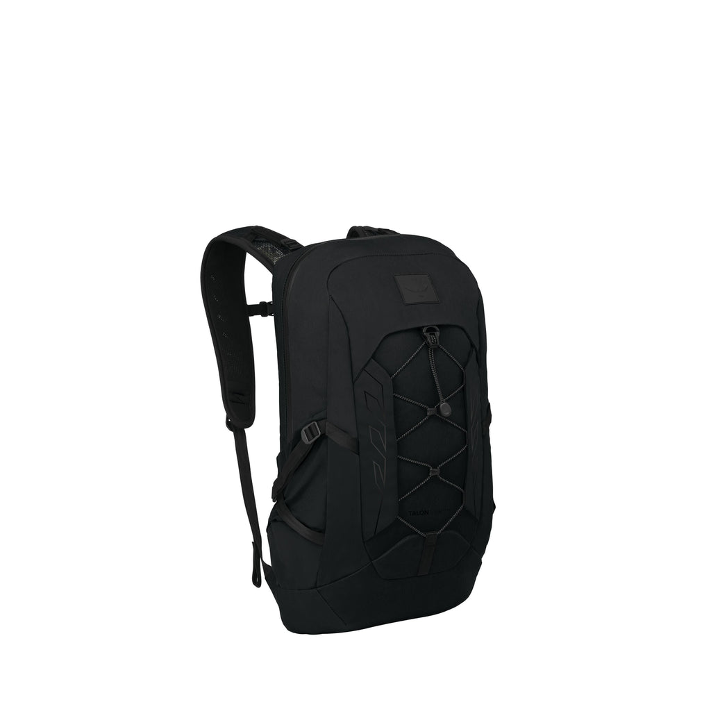 The images show a sleek black backpack photographed from a front-left angle against a white background. It has a streamlined shape with padded shoulder straps and side compression straps. The front panel features a crisscross bungee cord system and subtle