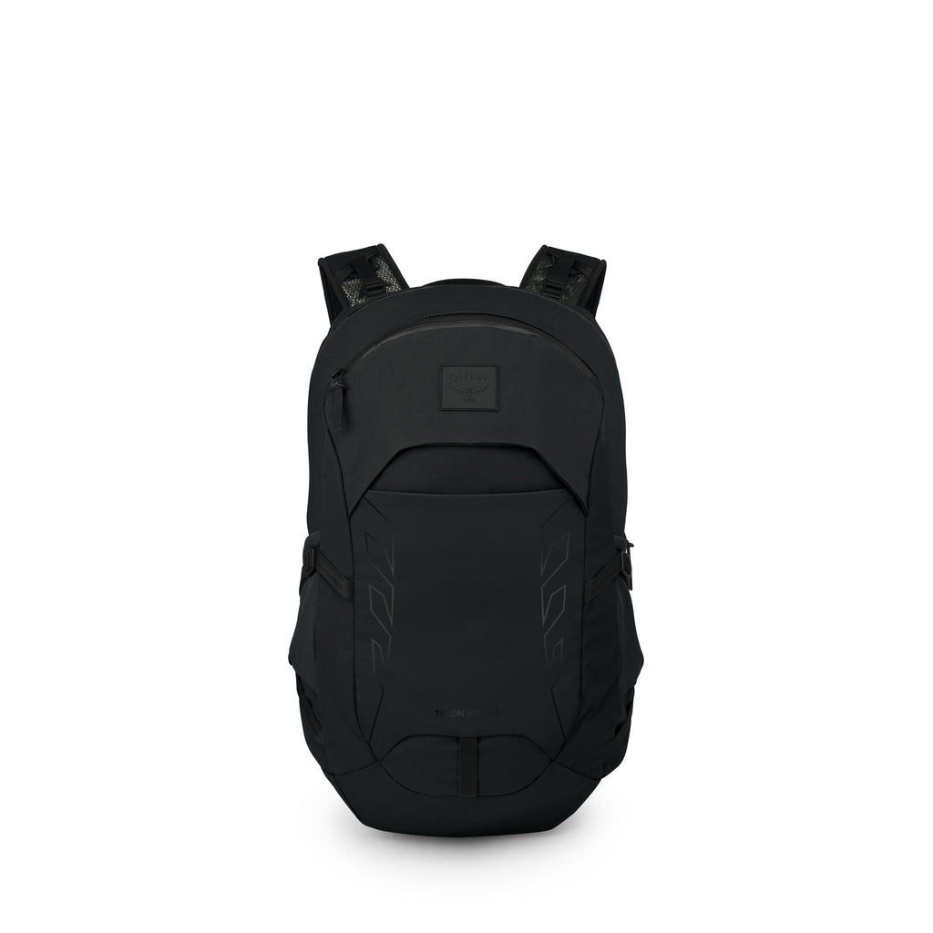A sleek black backpack is shown against a white background, photographed straight on. It has a rounded top, a front zip pocket, and a large central panel with subtle angular accents. The shoulder straps are padded, and there are side compression straps an