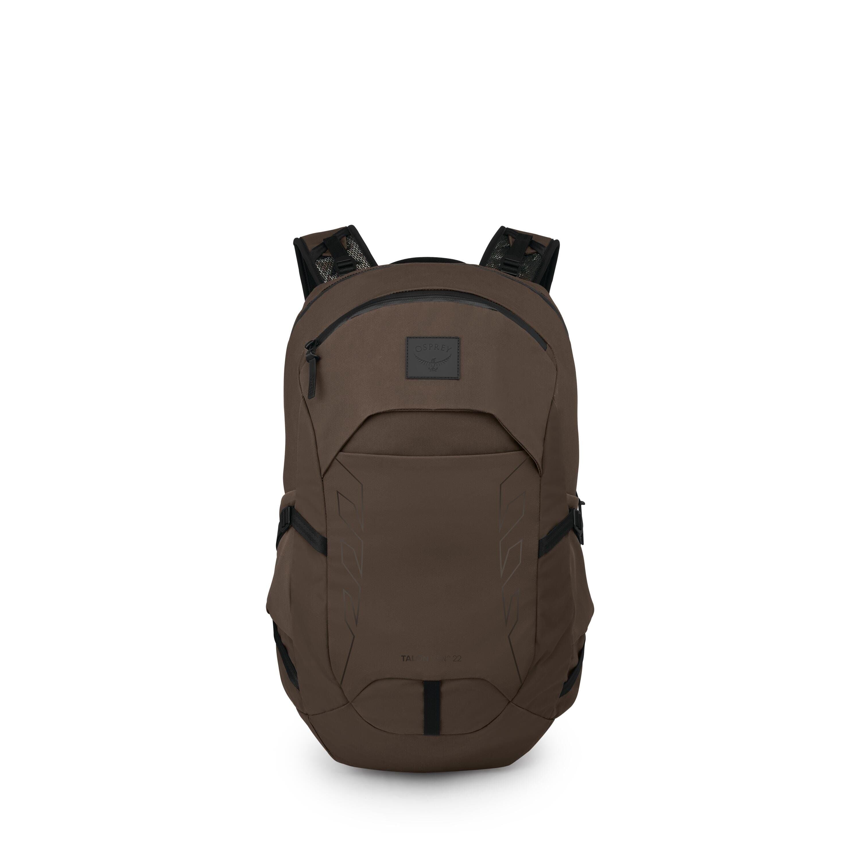 A sleek, dark brown backpack is shown from the front against a white background. It has a rounded top with a zippered main compartment and a smaller front pocket beneath a stitched Osprey logo patch. Subtle geometric accents run vertically on the front pa