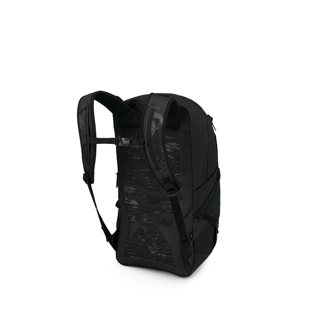The images show a sleek black backpack viewed from the back and side, highlighting its suspension and padding. It features curved, padded shoulder straps with an adjustable sternum strap, and a ventilated mesh back panel with ribbed airflow channels. Side