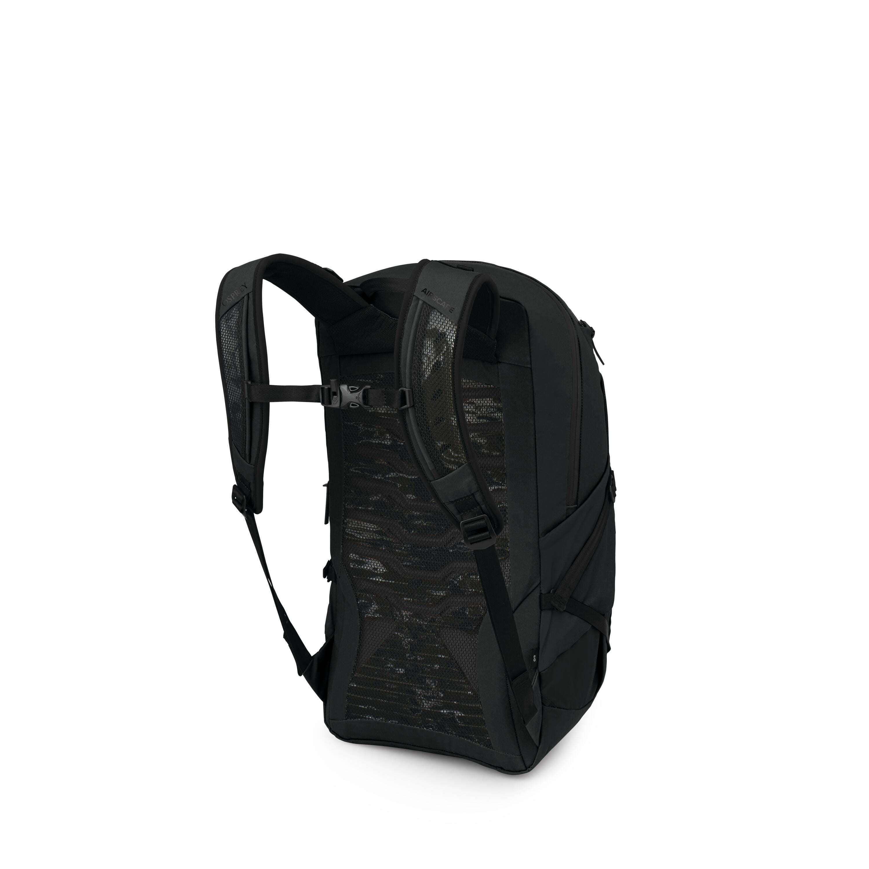The images show a sleek black backpack viewed from the back and side, highlighting its suspension and padding. It features curved, padded shoulder straps with an adjustable sternum strap, and a ventilated mesh back panel with ribbed airflow channels. Side