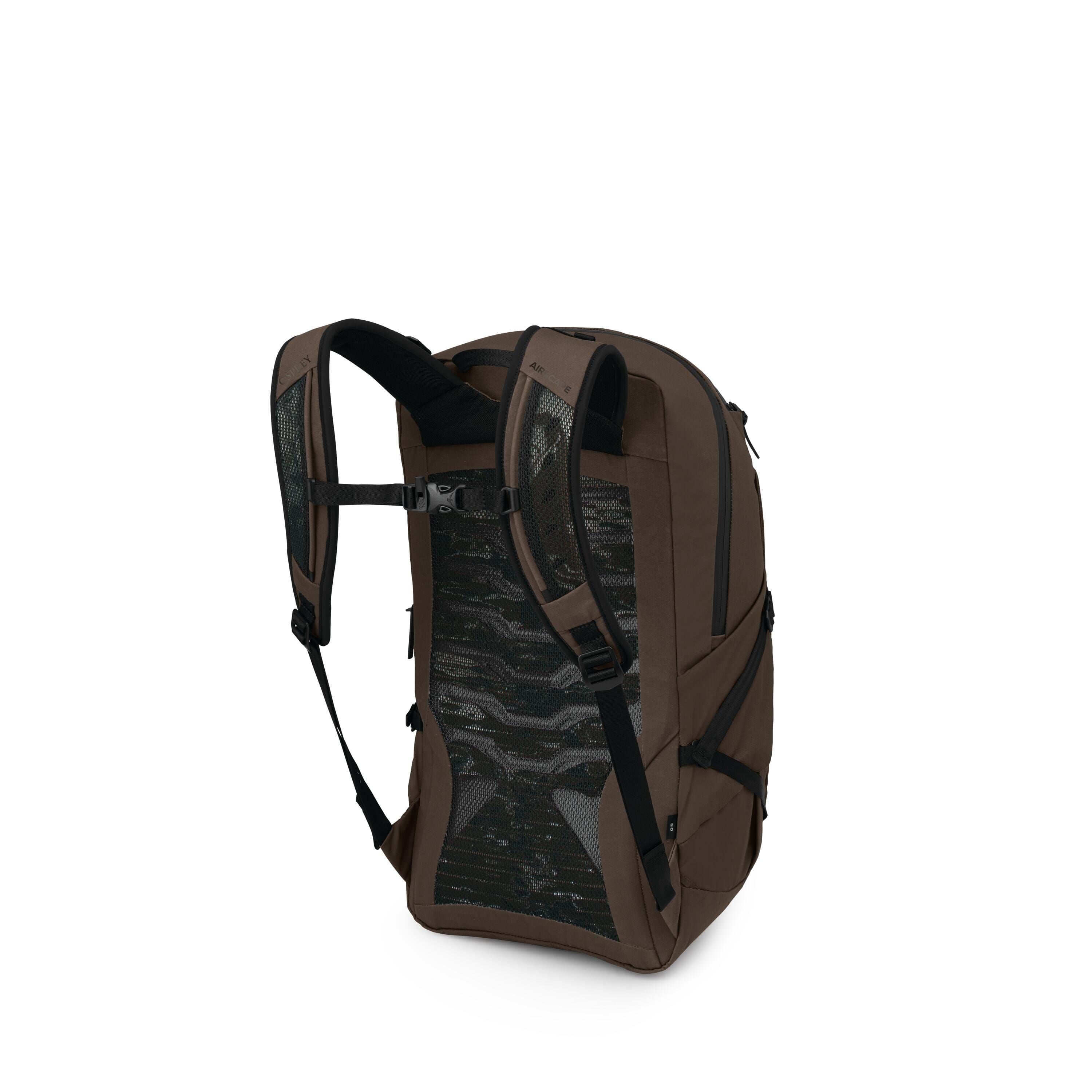 The images show a brown technical backpack photographed from the back-right angle. It features padded, breathable mesh shoulder straps with an adjustable sternum strap and a ventilated back panel with a ribbed pattern for airflow. Zippered side pockets an