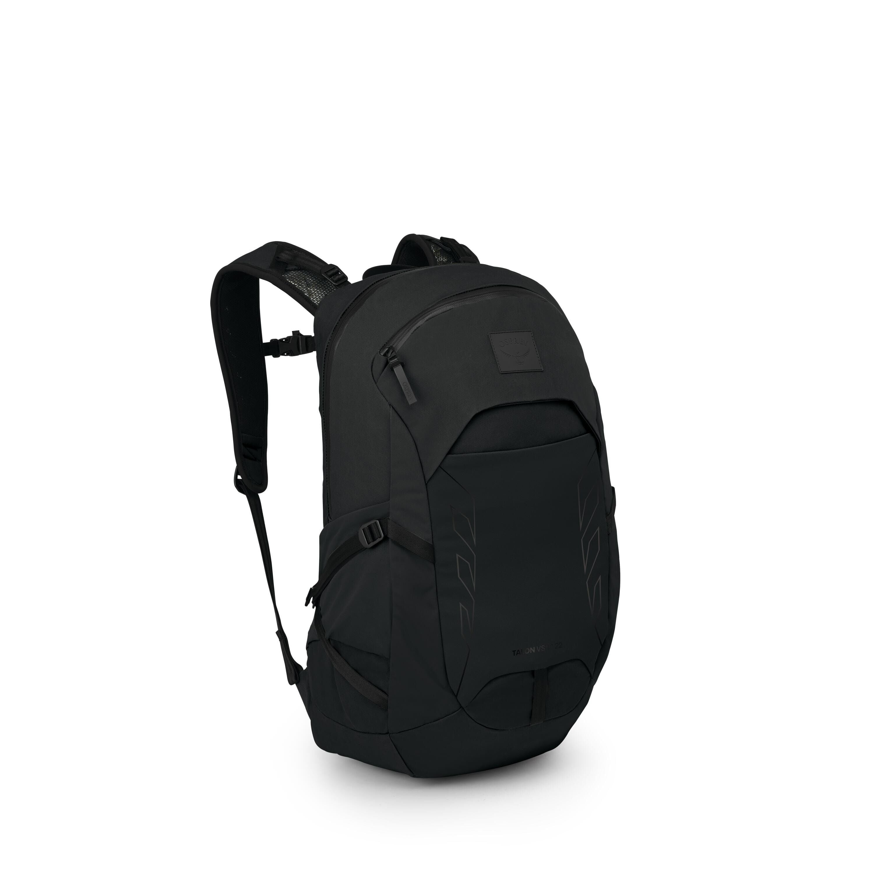 A sleek black backpack is shown from a three-quarter angle, highlighting its streamlined, modern design. It features a large main compartment with a top zipper, a smaller front pocket, and contoured panels on the front. Padded shoulder straps with mesh ve