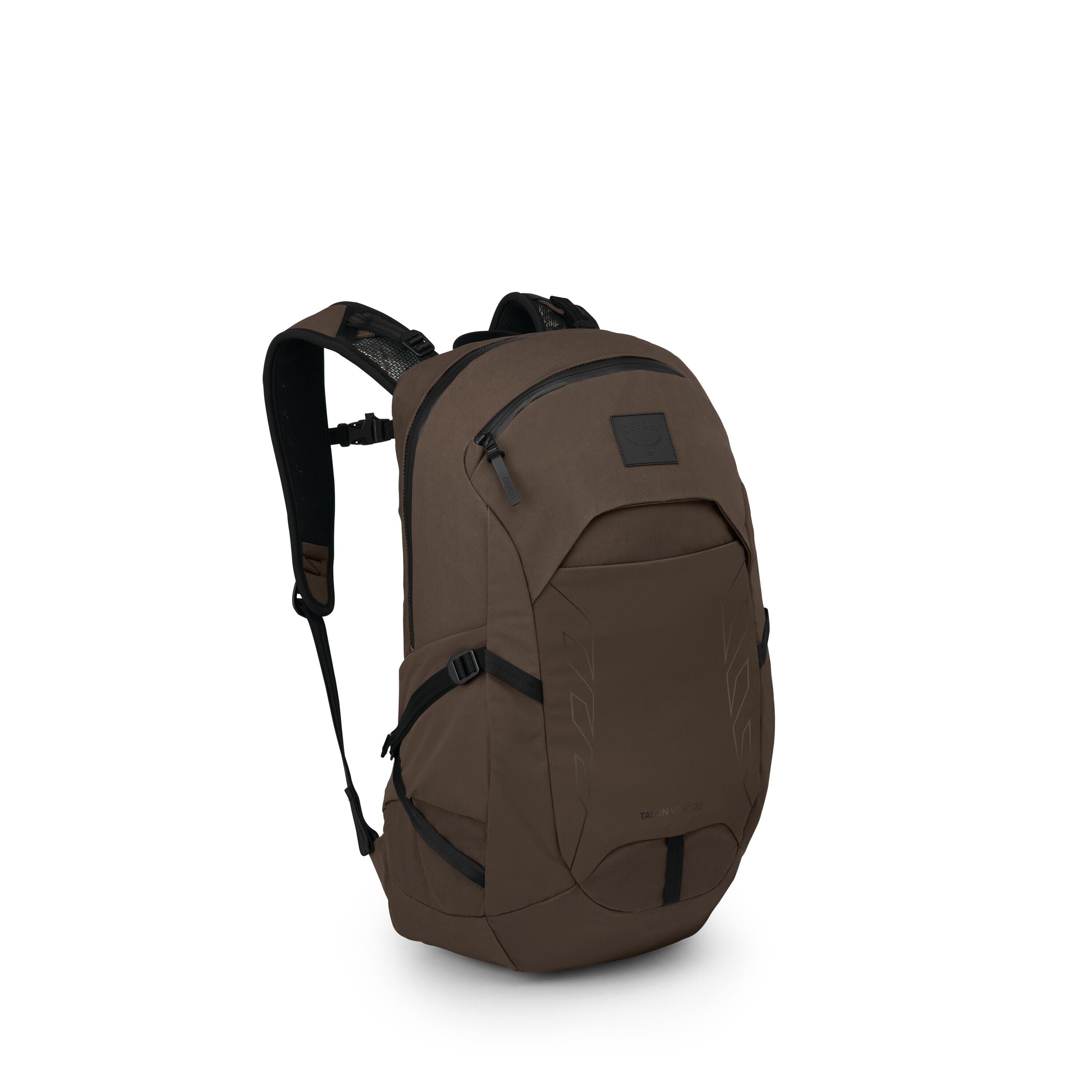 The image shows a sleek, dark brown backpack photographed on a white background. It has a streamlined shape with a large zippered main compartment, a smaller front zip pocket, and a front panel with subtle tonal graphics. Side compression straps and small