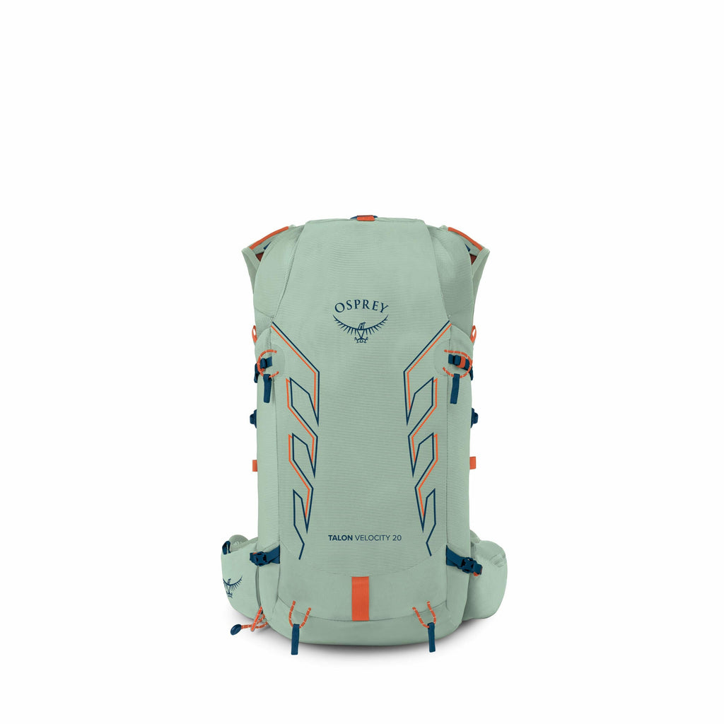 The image series depicts a light green Osprey Talon Velocity 20 backpack. It features a sleek design with dark blue and orange accents. The backpack displays the "OSPREY" logo and an eagle symbol prominently at the top center, while "TALON VELOCITY 20" is