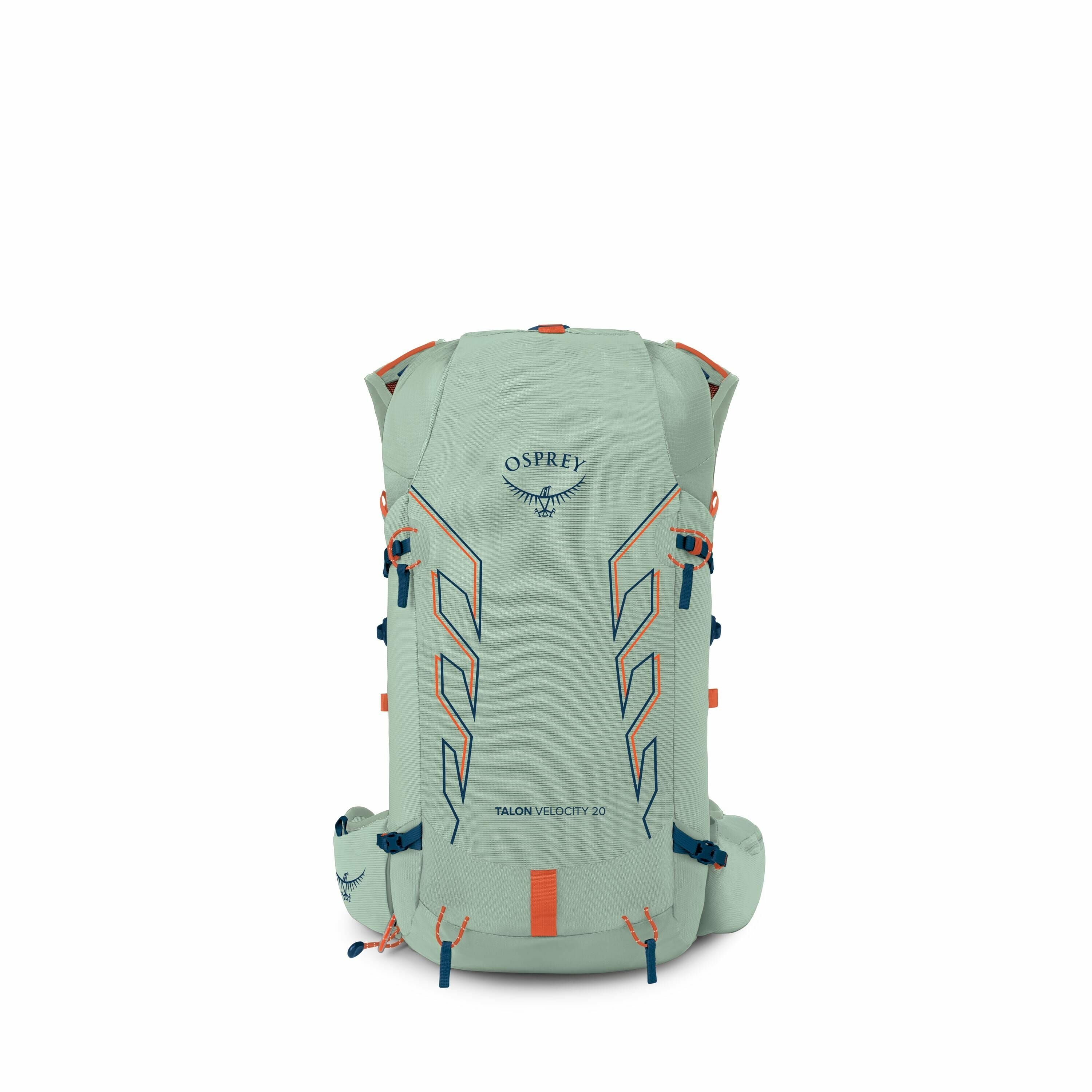 The image series depicts a light green Osprey Talon Velocity 20 backpack. It features a sleek design with dark blue and orange accents. The backpack displays the "OSPREY" logo and an eagle symbol prominently at the top center, while "TALON VELOCITY 20" is