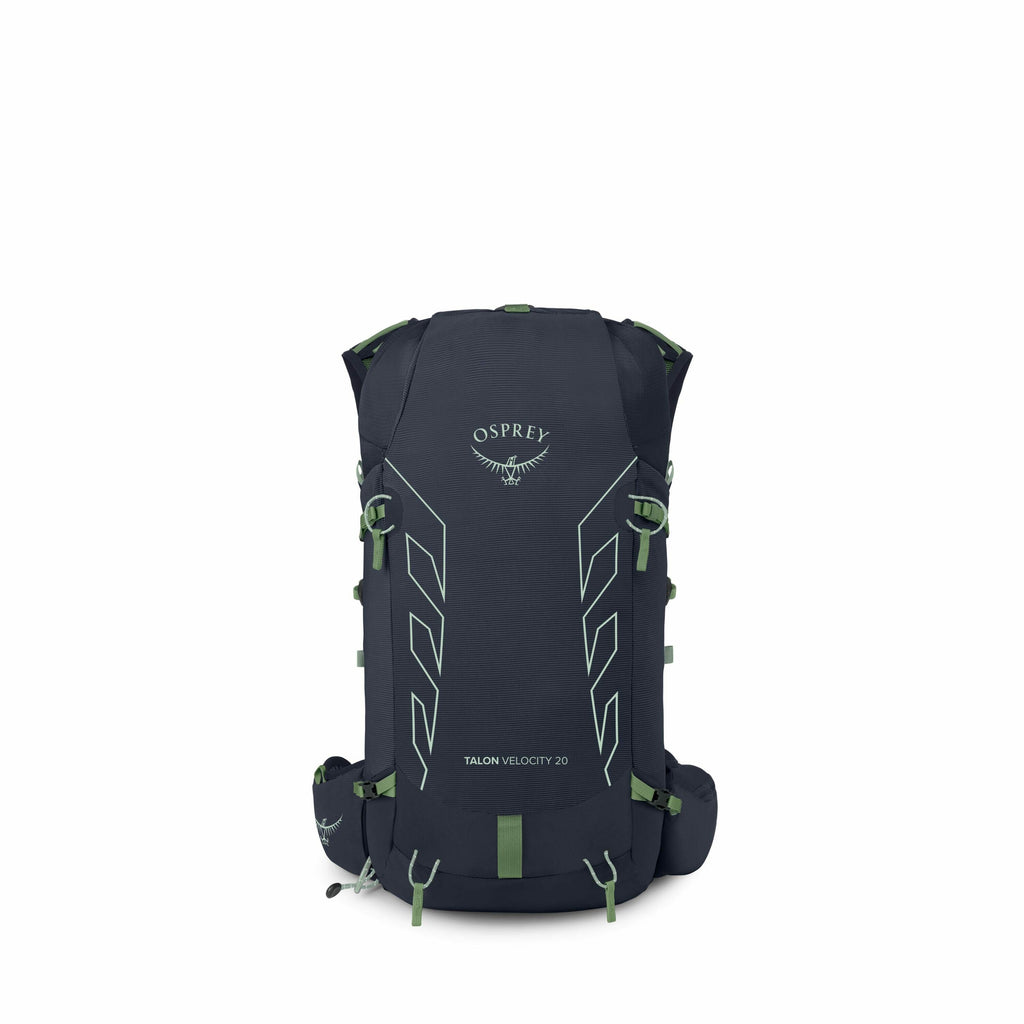 The image displays a series of photographs showcasing a dark blue Osprey Talon Velocity 20 backpack. The front of the backpack prominently features the Osprey logo and the model name in white. The backpack has light green accents, including straps and buc