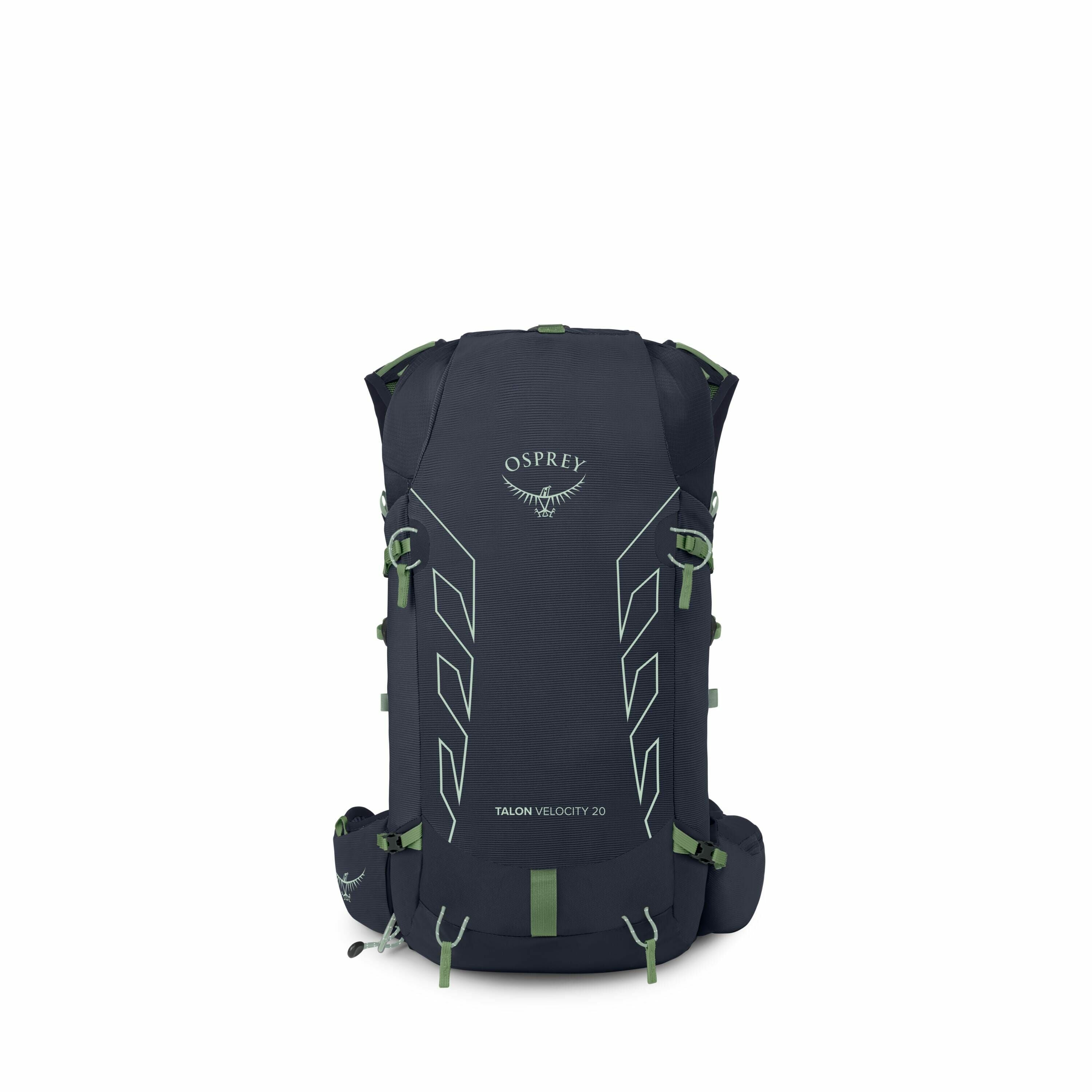 The image displays a series of photographs showcasing a dark blue Osprey Talon Velocity 20 backpack. The front of the backpack prominently features the Osprey logo and the model name in white. The backpack has light green accents, including straps and buc