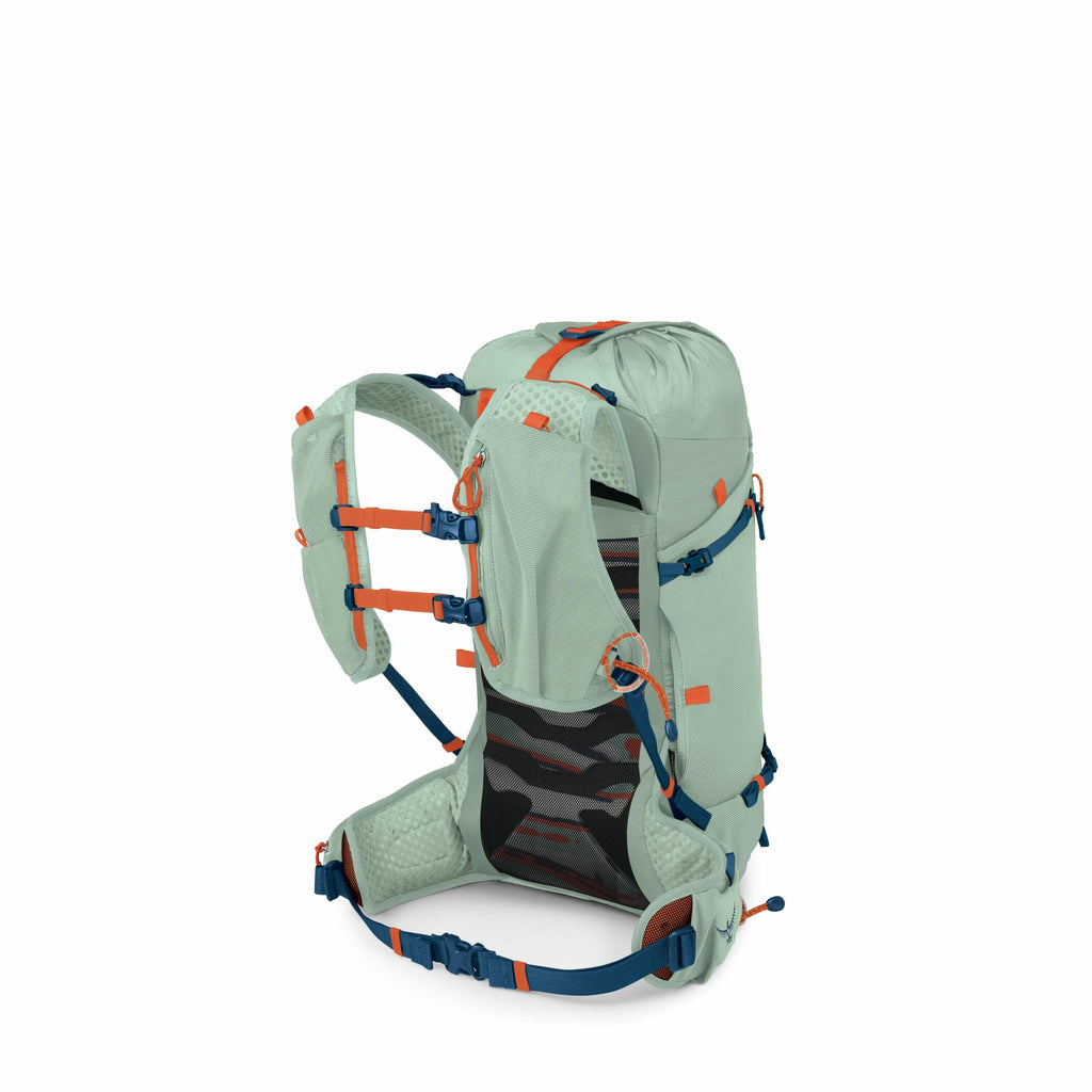 The image features a high-performance hiking backpack designed in a soft mint green color with bright orange and deep blue accents. The backpack showcases ergonomic shoulder and waist straps, which appear padded for comfort, and are equipped with multiple