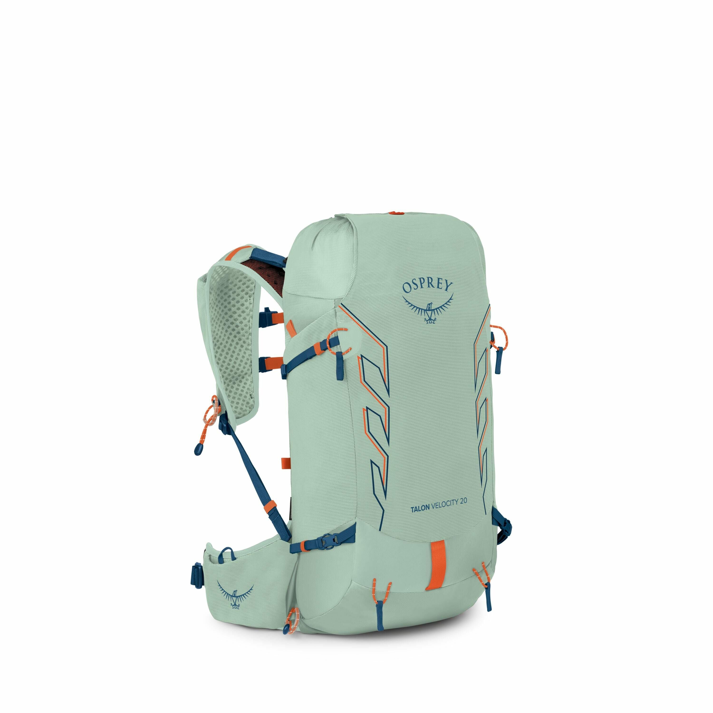 The image showcases an Osprey Talon Velocity 20 backpack in a mint green color with blue and orange accents. The backpack features multiple straps and buckles for securing additional gear and has a sleek, aerodynamic design with subtle angular patterns on