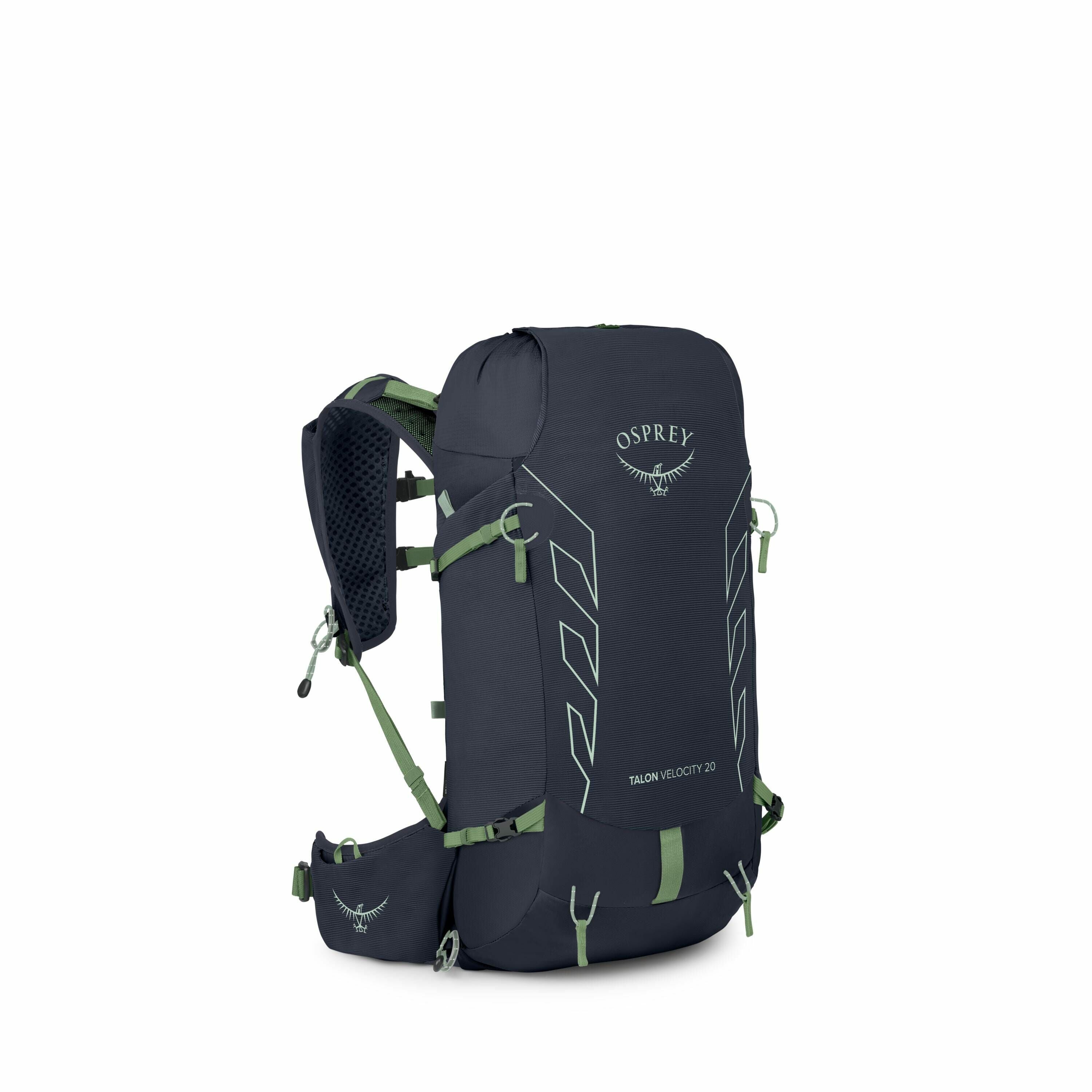 The image features an Osprey backpack, specifically the "Talon Velocity 20" model, designed for outdoor activities. The backpack is predominantly dark blue with green accents on the straps and attachments, and prominently displays the Osprey logo and bran