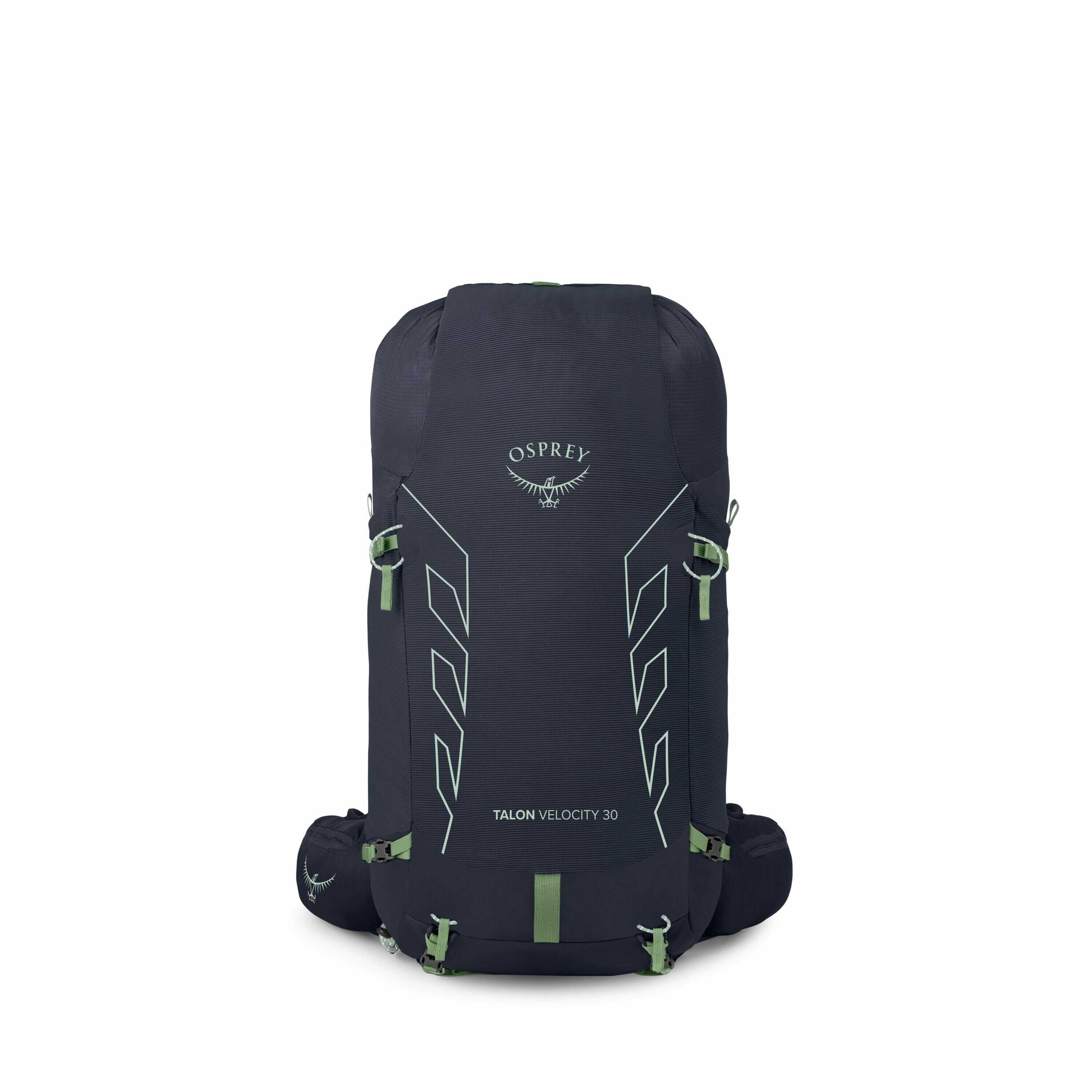 The image showcases an Osprey Talon Velocity 30 backpack, designed for outdoor and adventure use. The backpack is primarily navy blue with subtle light green accents, including the Osprey logo and text that reads "TALON VELOCITY 30" on the front. Its stre