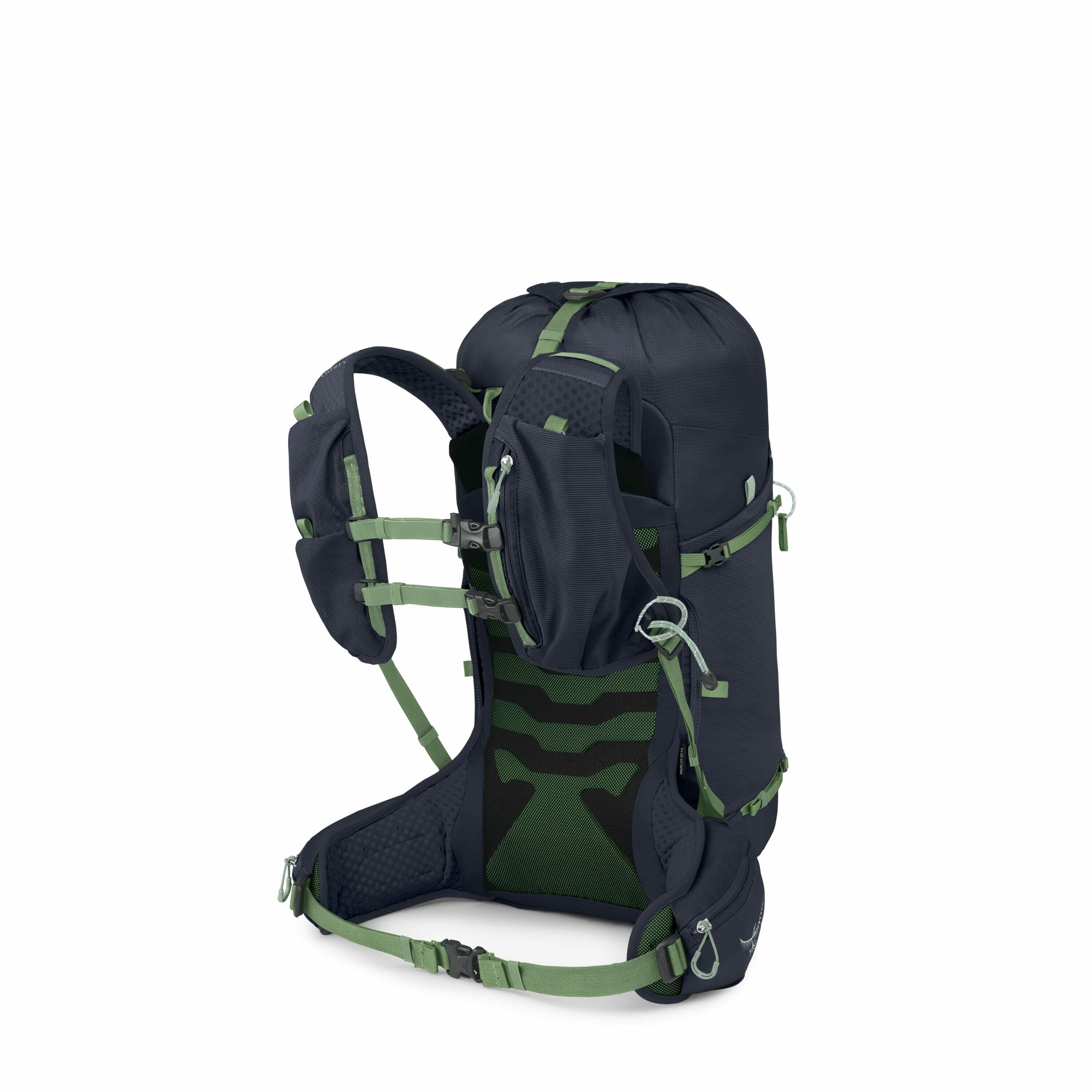 The image features a large backpack designed for outdoor activities, such as hiking or backpacking. The main body of the backpack is navy blue with various straps, clips, and details in a contrasting green color. The back panel is cushioned and has an erg