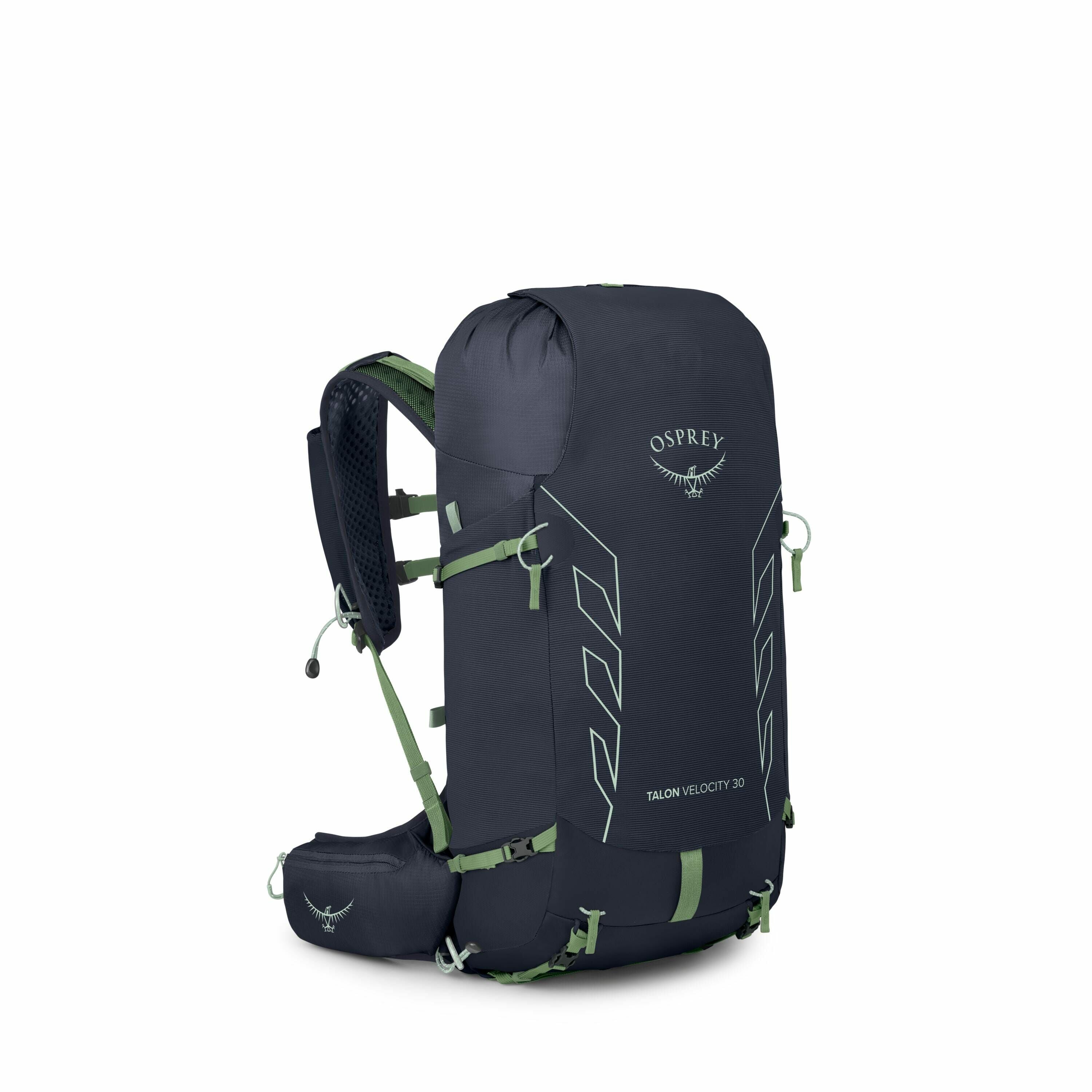 The images depict an Osprey Talon Velocity 30 backpack in a dark blue color with green accents. The backpack has a streamlined and sporty design, featuring various straps and compartments for optimal storage. In the first two images, the backpack is fully