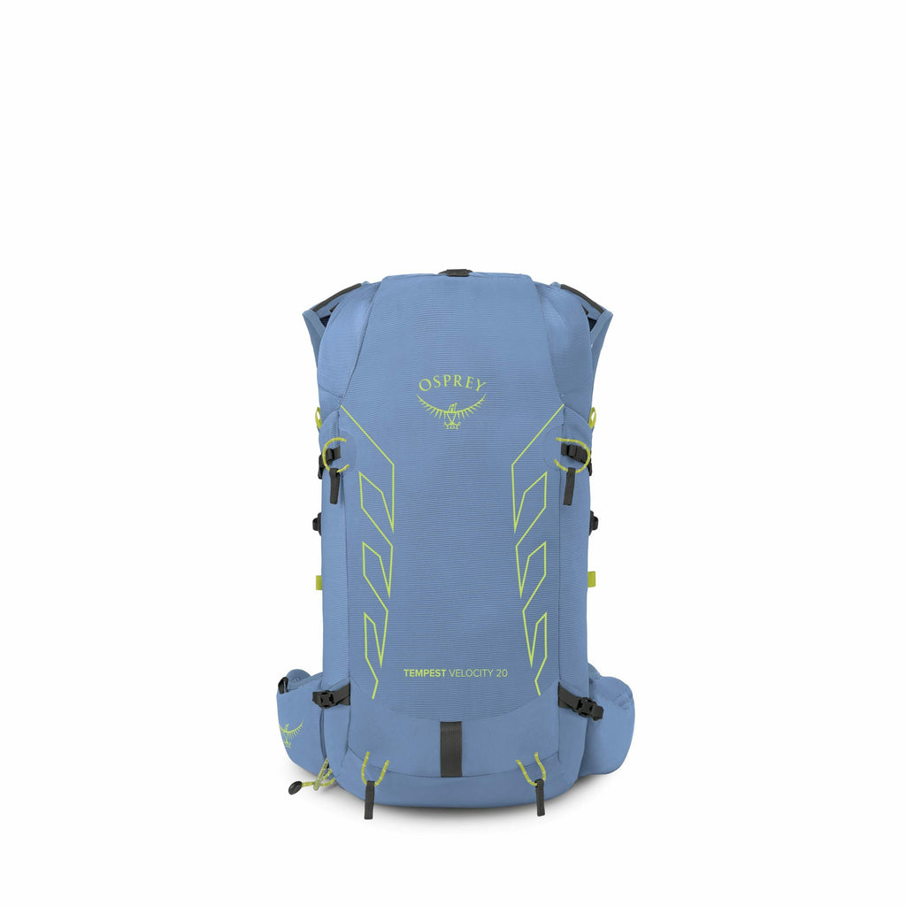 The images show a light blue Osprey backpack, named "Tempest Velocity 20." It has a sleek design with a prominent Osprey logo and name in a bright green color on the front. The backpack features contour lines, also in green, adding to its sporty and dynam