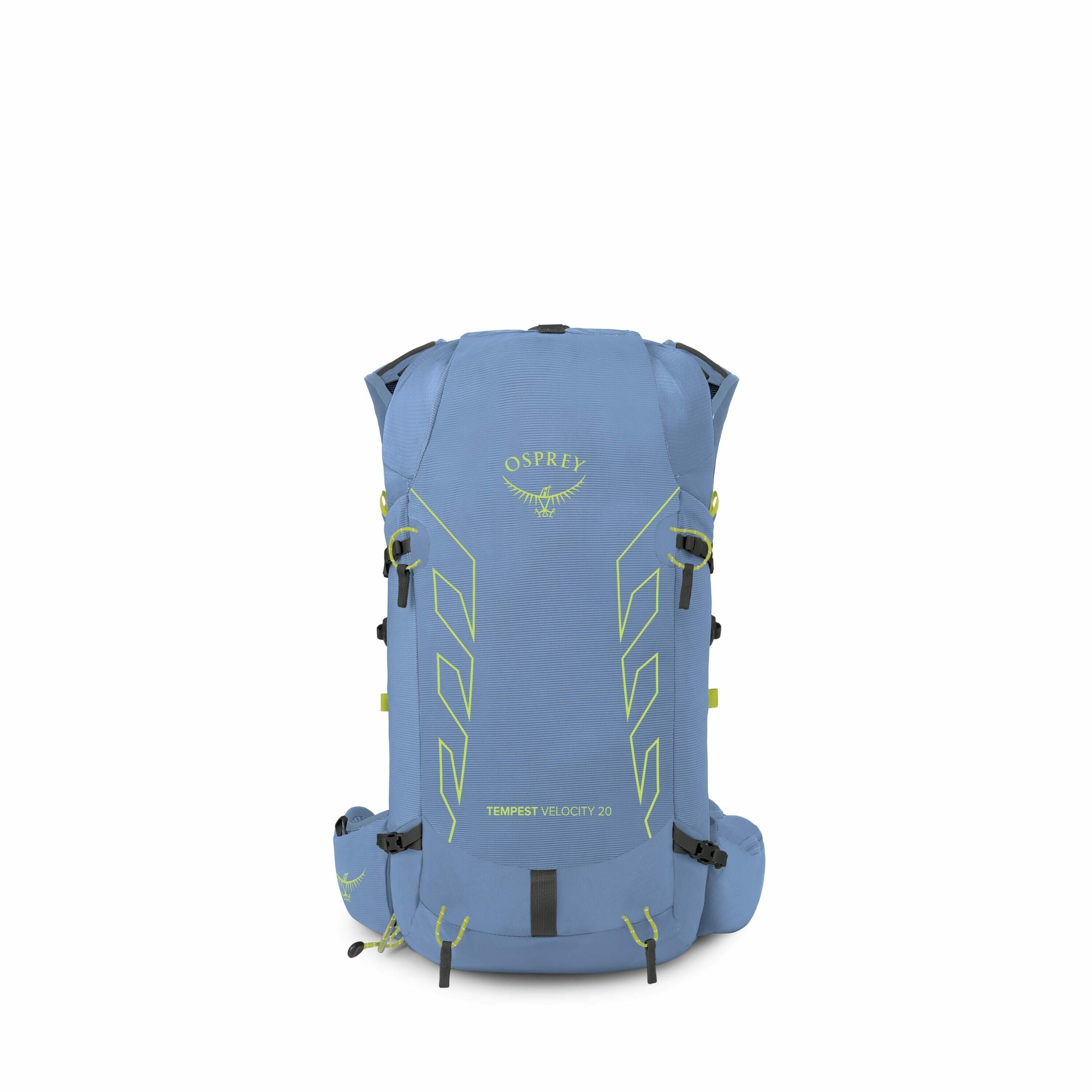 The images show a light blue Osprey backpack, named "Tempest Velocity 20." It has a sleek design with a prominent Osprey logo and name in a bright green color on the front. The backpack features contour lines, also in green, adding to its sporty and dynam
