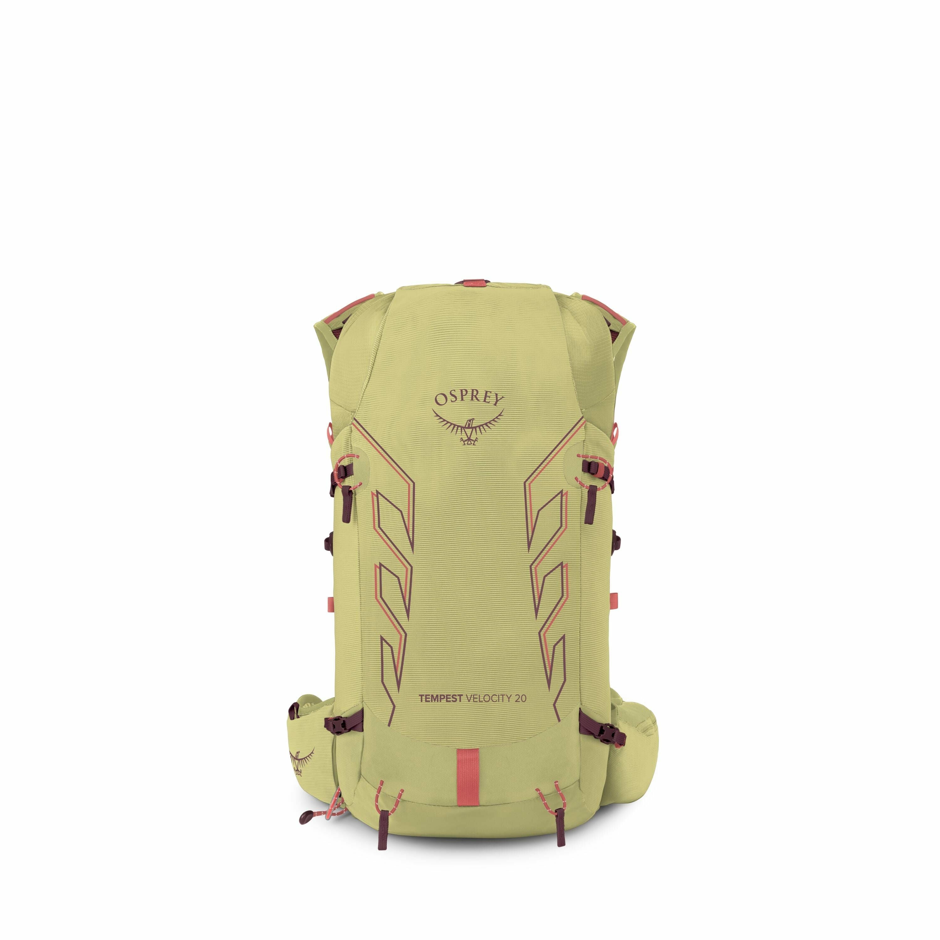 The images display various stages of disassembly for an Osprey backpack, specifically the Tempest Velocity 20 model. The first image shows the backpack intact, highlighting its earthy green color with pink and dark accents, and the Osprey logo prominently