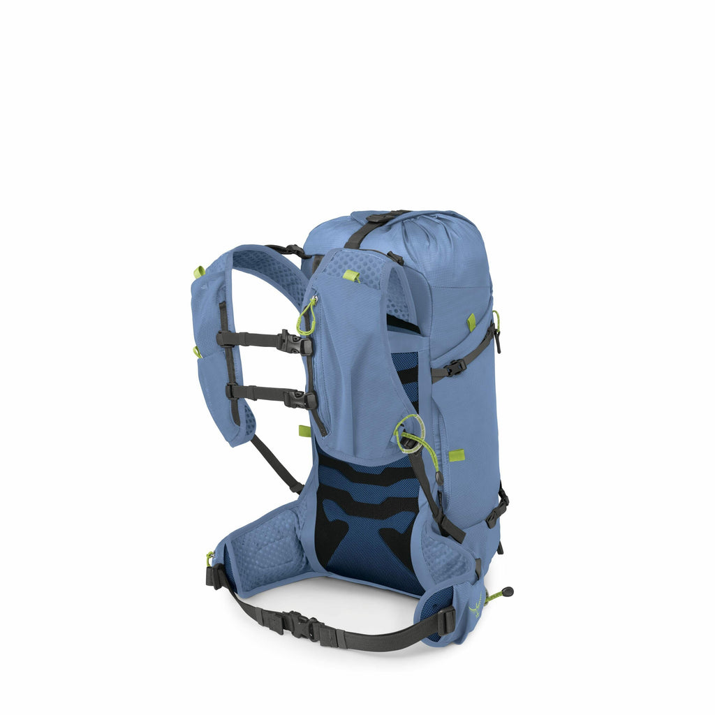 The image features a detailed, light blue backpack with neon green accents, showcasing a sleek, modern design suitable for outdoor activities like hiking or camping. The backpack has multiple compartments and adjustable straps for comfort, including padde