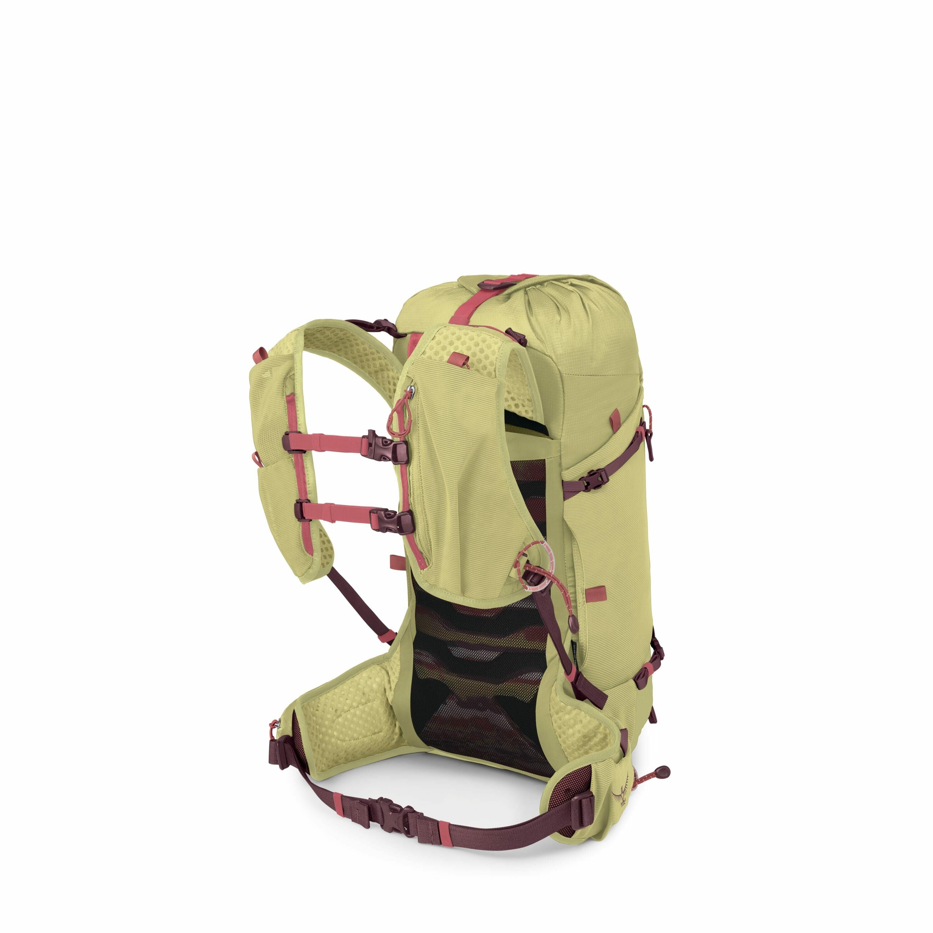 The image showcases a green hiking backpack designed with functionality and comfort in mind. It features adjustable padded shoulder straps, a supportive back panel, and multiple straps and loops for securing extra gear. The backpack's main compartment is
