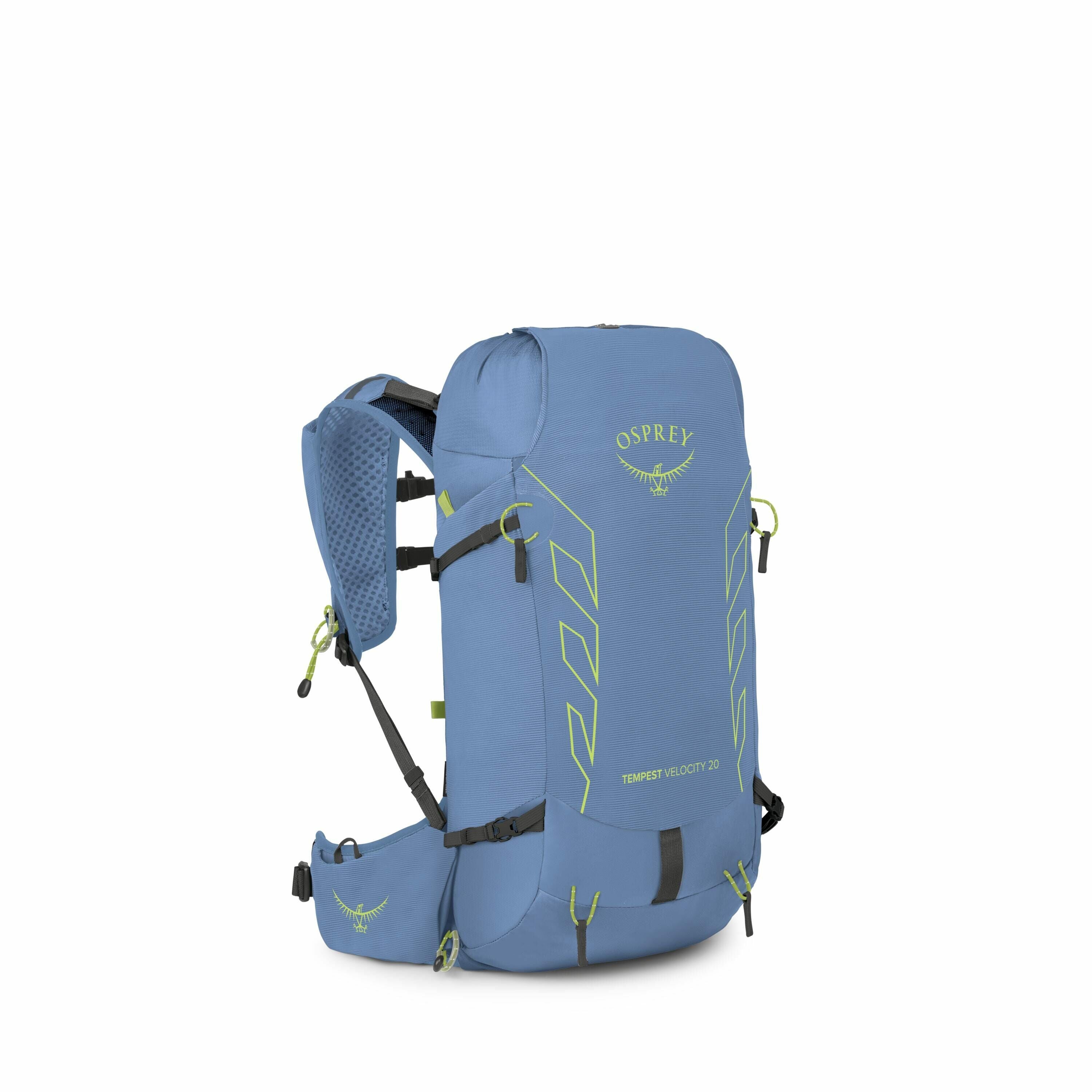 The image showcases a blue Osprey backpack labeled as the "Tempest Velocity 20." The backpack features bright green accents, including the Osprey logo, text, and various attachment points and zipper pulls. It has a sleek design with multiple compartments
