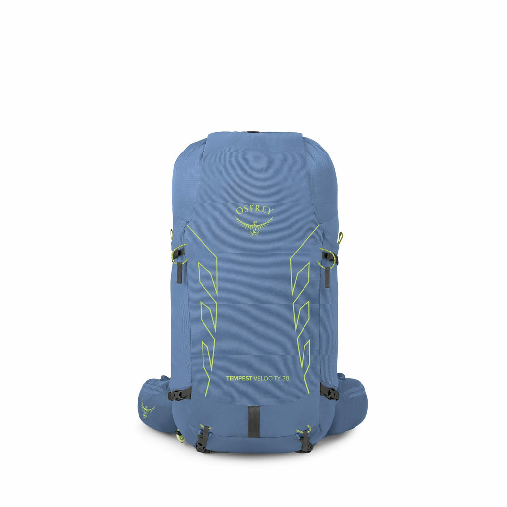 The image displays a blue Osprey backpack, specifically the "Tempest Velocity 30" model, as indicated by the text on the pack. It features bright green accents, including the Osprey logo prominently positioned on the upper section. The backpack appears to