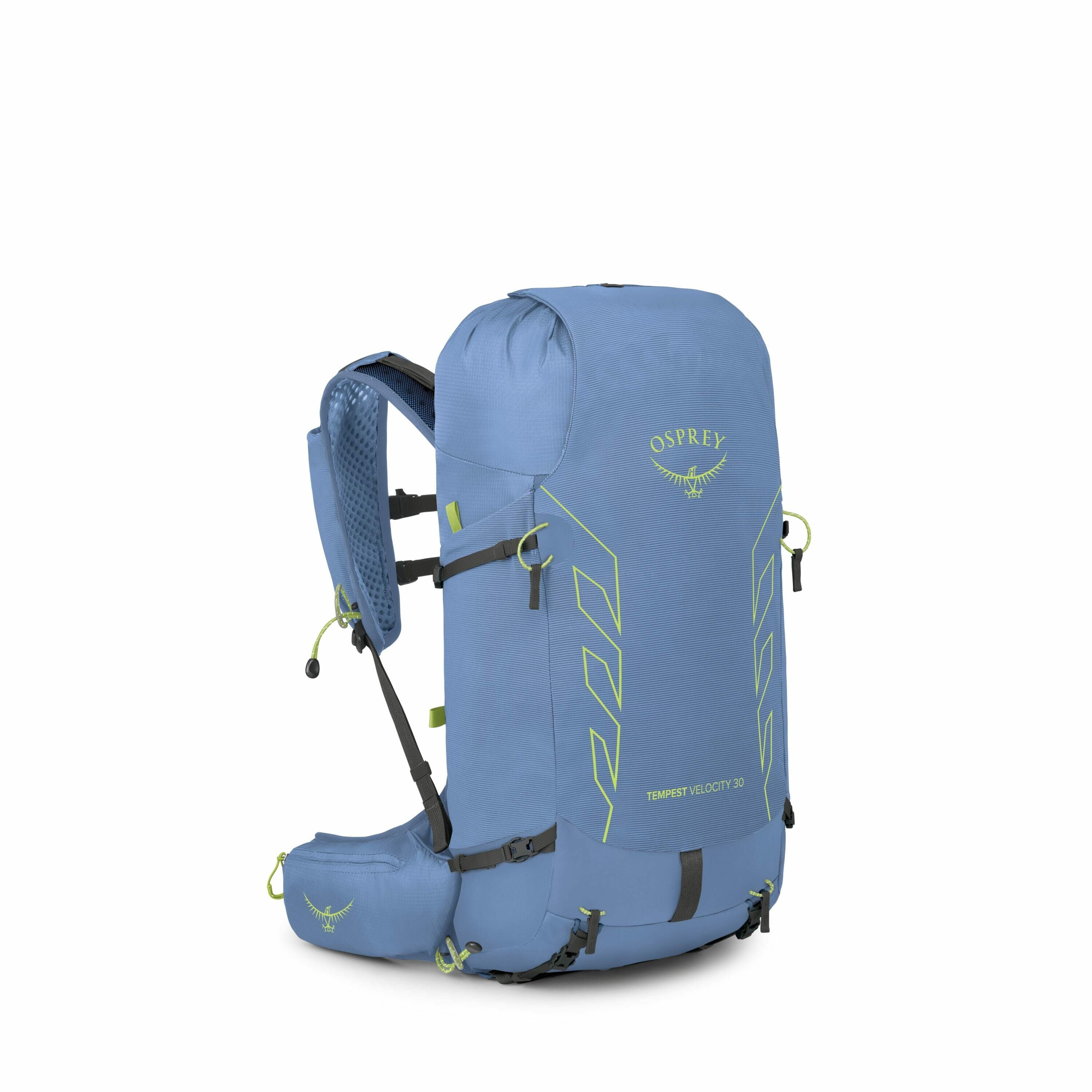 The image series showcases an Osprey backpack in blue with lime green accents. The backpack features a top-loading design with a drawstring closure and multiple compartments, including side mesh pockets and a zippered hip belt pouch. The main compartment