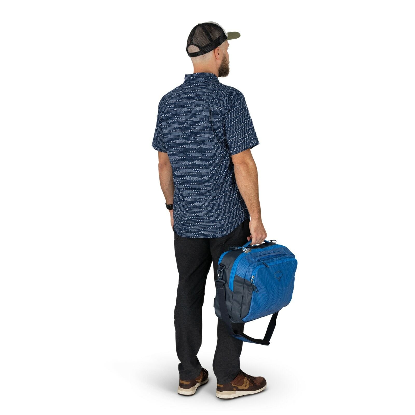On-body image of the Transporter Carry On Boarding bag in the color Blue Flame