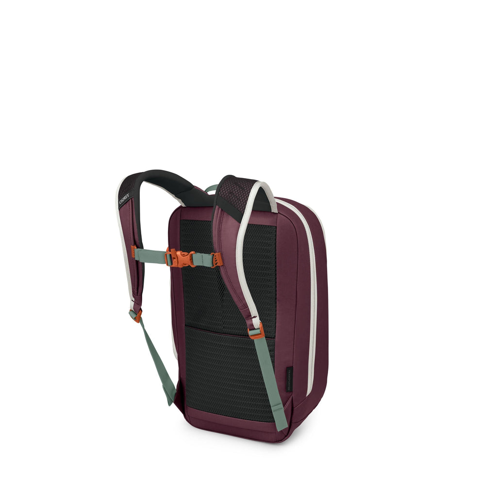 The image shows a modern backpack viewed from the back, highlighting its straps and padded back panel. It has a deep purple/burgundy body with light gray trim, mint-green strap webbing, and orange buckles, including a chest strap. The back panel appears b