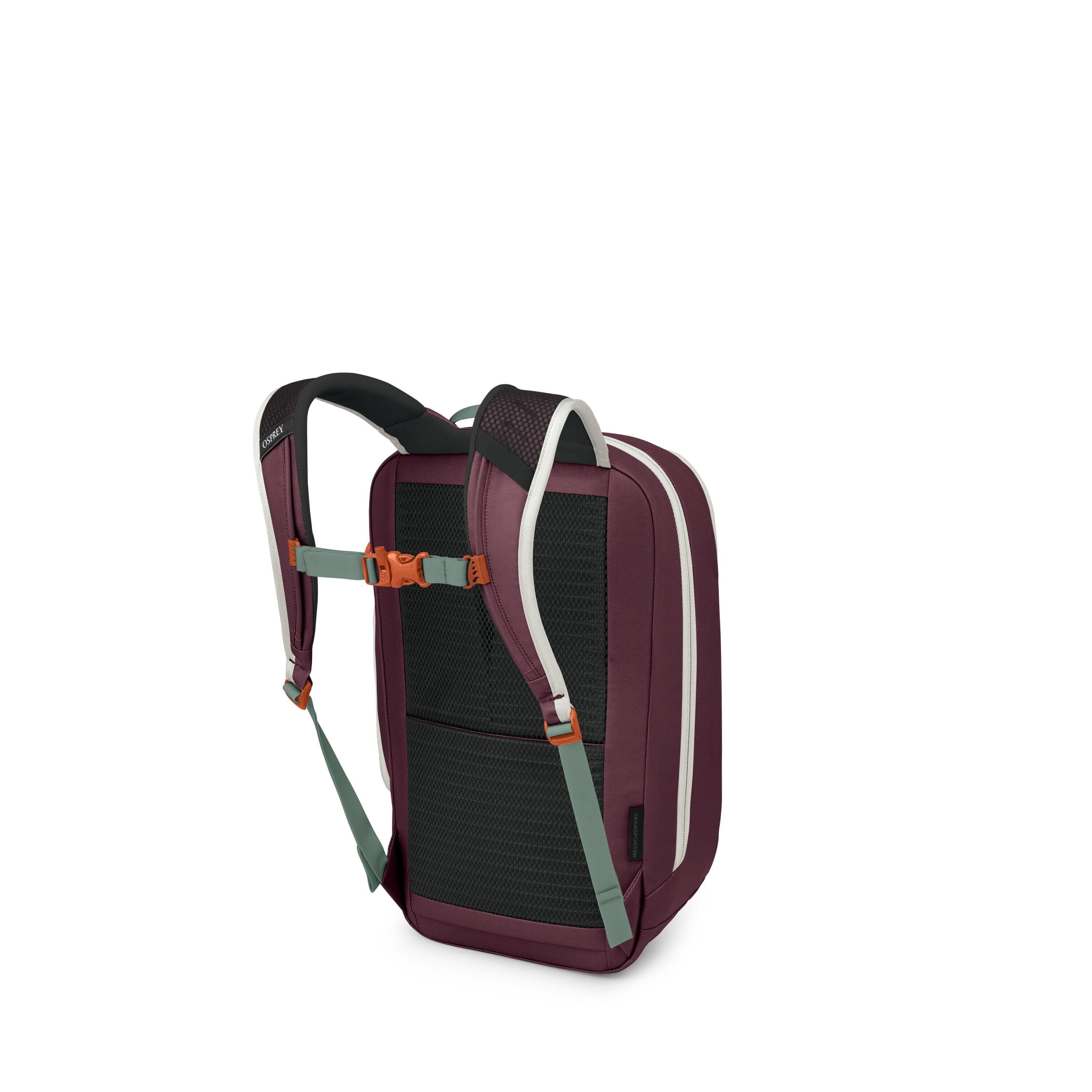 The image shows a modern backpack viewed from the back, highlighting its straps and padded back panel. It has a deep purple/burgundy body with light gray trim, mint-green strap webbing, and orange buckles, including a chest strap. The back panel appears b