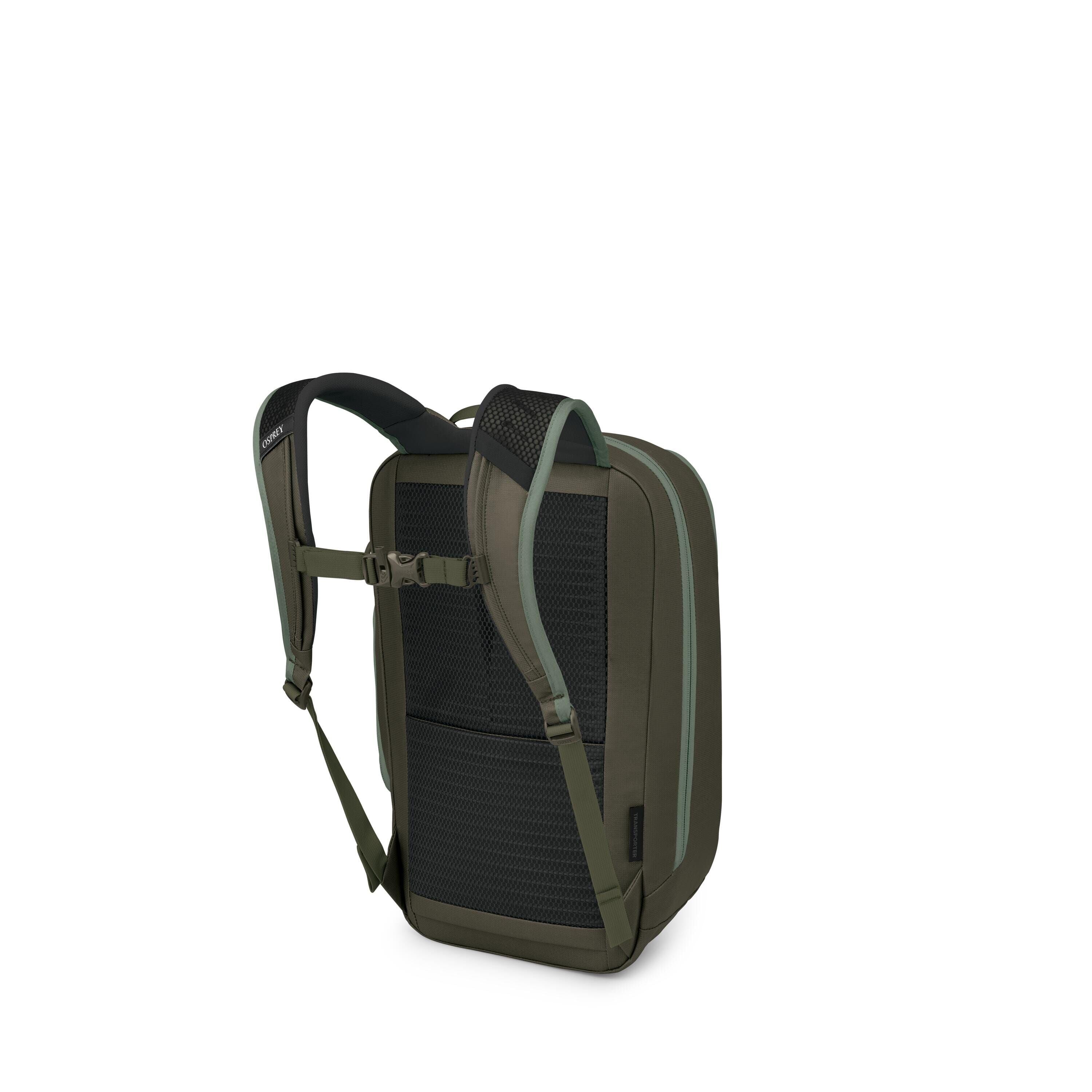 The images show a dark green backpack photographed from the back-left angle, highlighting its shoulder straps and padded mesh back panel. It features adjustable shoulder straps with a sternum strap and light green edge detailing that matches the zipper tr
