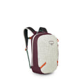 A sleek, modern backpack is shown at a three-quarter angle on a white background. It features a burgundy body with a light grid-patterned front panel, accented by orange lash points and mint-green straps. The Osprey logo appears on the front. The bag has