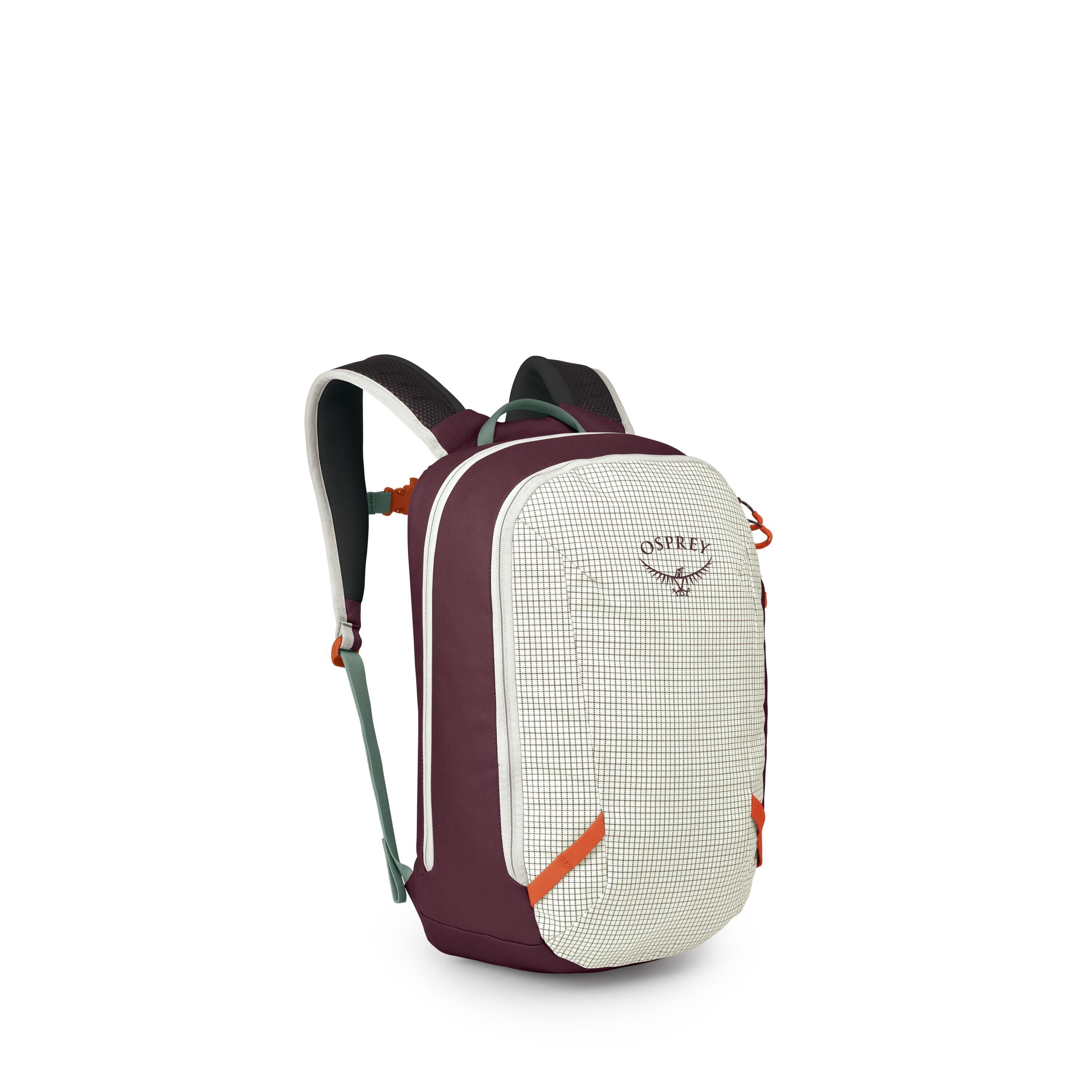 A sleek, modern backpack is shown at a three-quarter angle on a white background. It features a burgundy body with a light grid-patterned front panel, accented by orange lash points and mint-green straps. The Osprey logo appears on the front. The bag has