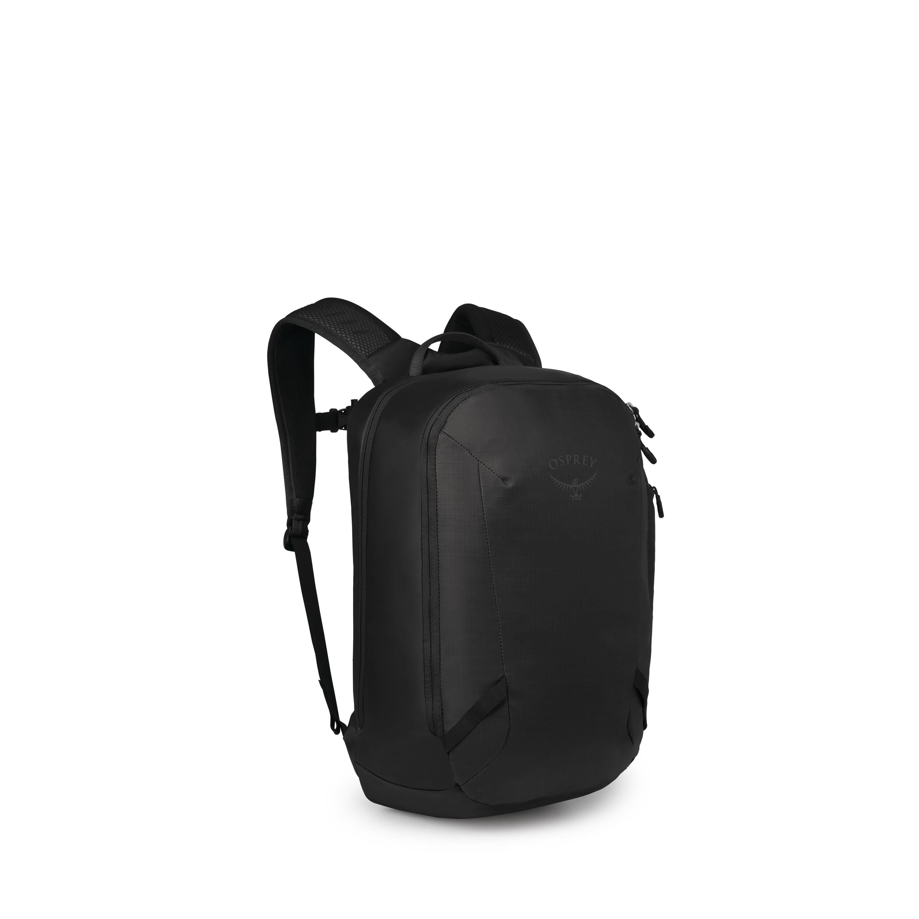 A sleek black Osprey backpack is shown at a three-quarter angle against a plain white background. It has a streamlined, rectangular silhouette with rounded edges and minimal external pockets. The shoulder straps look padded, and there's a sturdy top grab