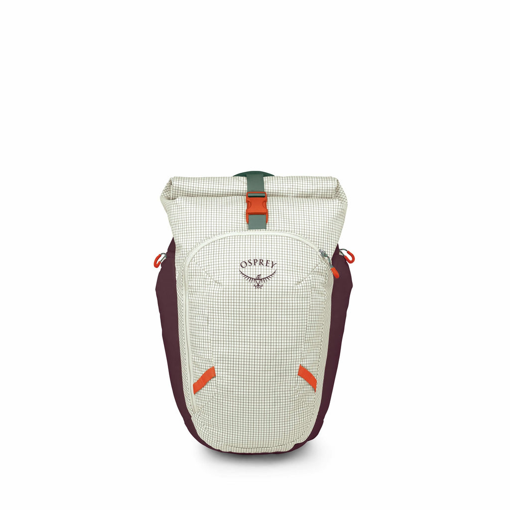 The image showcases an Osprey brand backpack with a distinctive design. The main body of the backpack is a light checkered pattern, with a grid-like appearance in white and black, complemented by purple side panels. There are bright orange accents on the