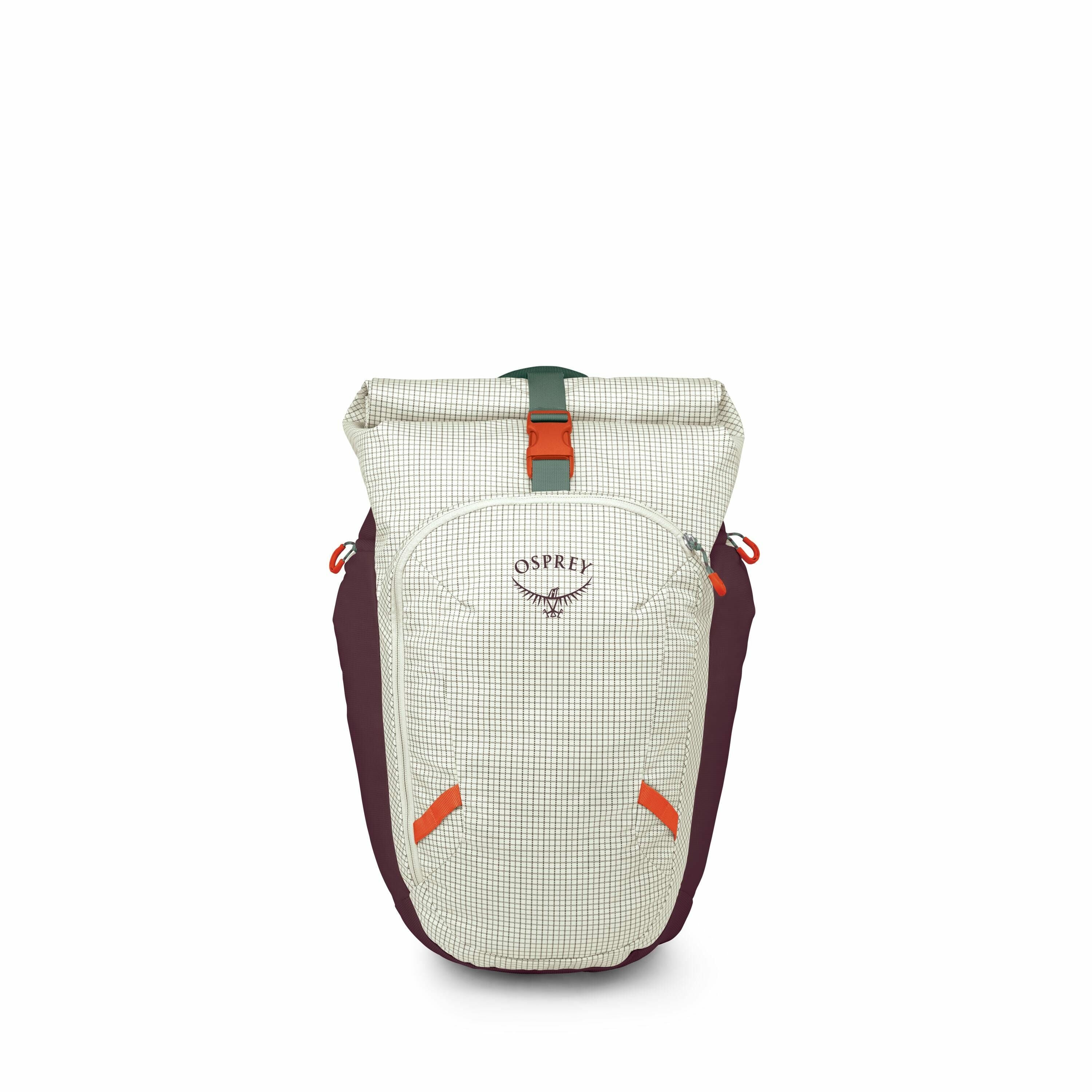 The image showcases an Osprey brand backpack with a distinctive design. The main body of the backpack is a light checkered pattern, with a grid-like appearance in white and black, complemented by purple side panels. There are bright orange accents on the