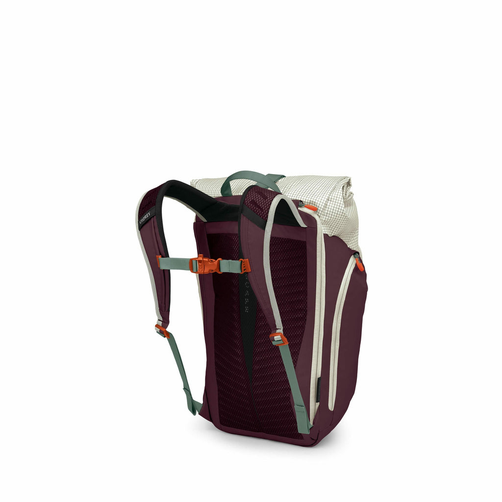 The image shows a backpack designed for outdoor or casual use. The main body of the backpack is a deep burgundy color, complemented by a light cream or off-white top section. The shoulder straps and some of the backpack's detailing are in a muted greenish