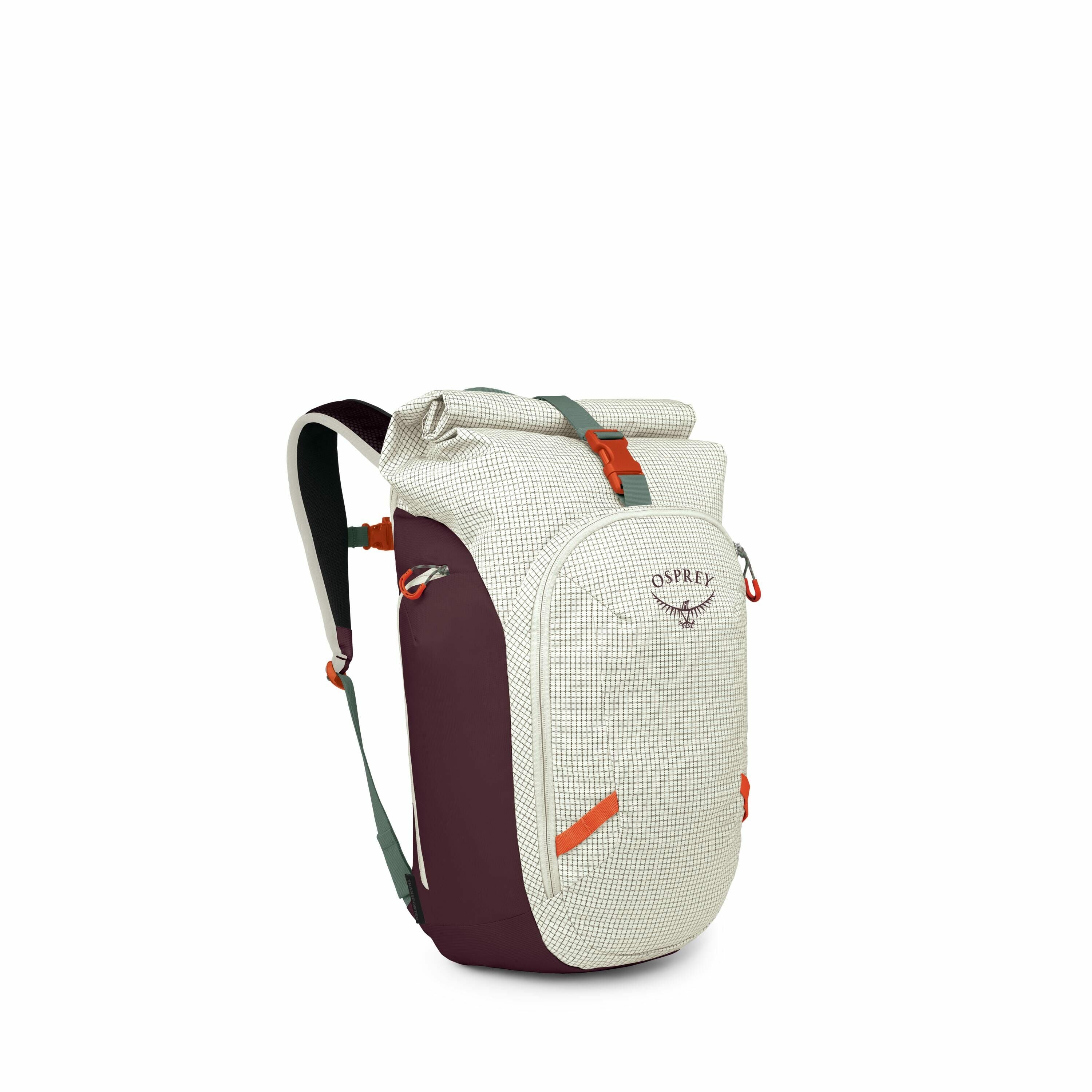 The image displays a stylish backpack designed by Osprey. The backpack features a modern color scheme with a grid pattern predominantly in white and a contrasting dark maroon on the sides. It includes functional elements such as adjustable straps, buckles