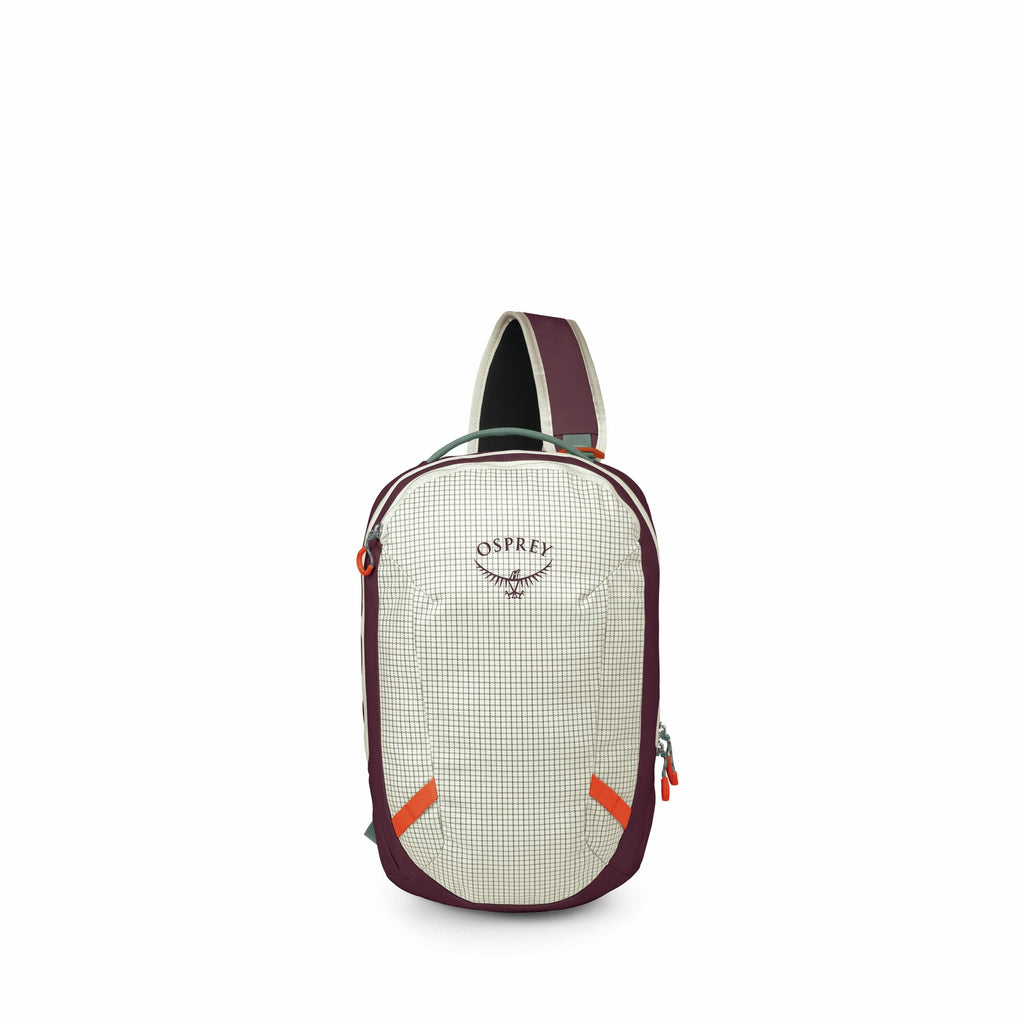 The image shows an Osprey backpack, specifically a sling-style bag designed for convenient cross-body wear. The bag has a primarily light-colored front panel with a subtle grid pattern, bordered by a deep maroon color. The Osprey logo is prominently displ