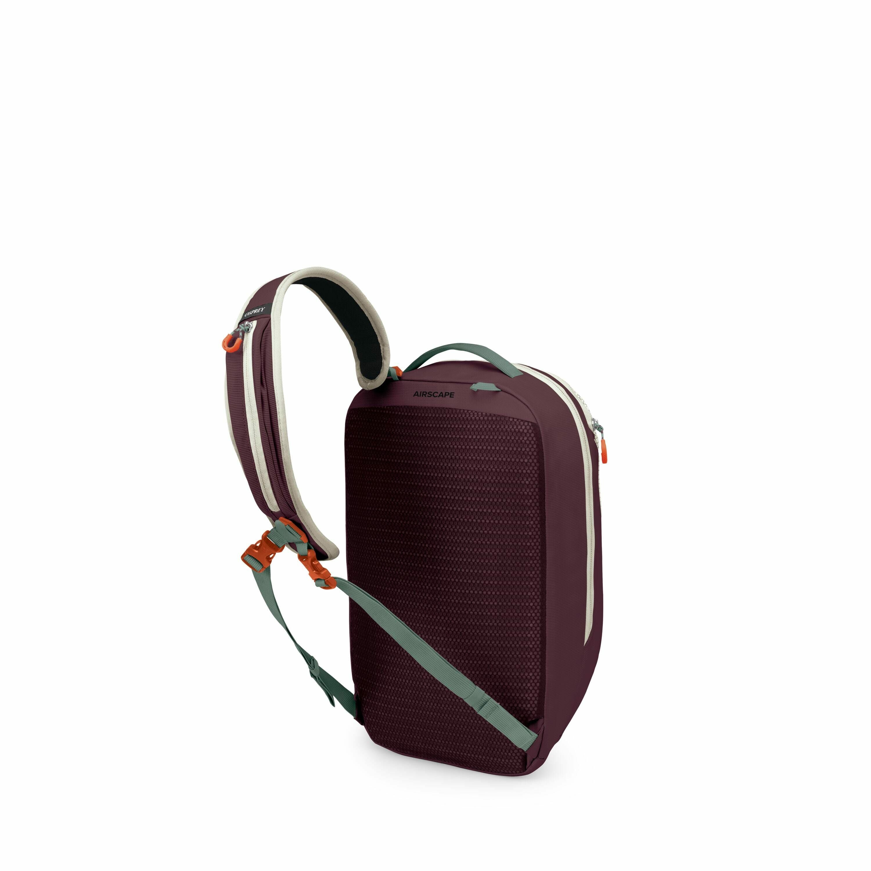 The image showcases a sleek, modern backpack with a clean, minimalist design. The main body of the backpack is a deep maroon color, complemented by mint green straps and handle. The backpack features an "AIRSCAPE" label, indicating a focus on breathabilit